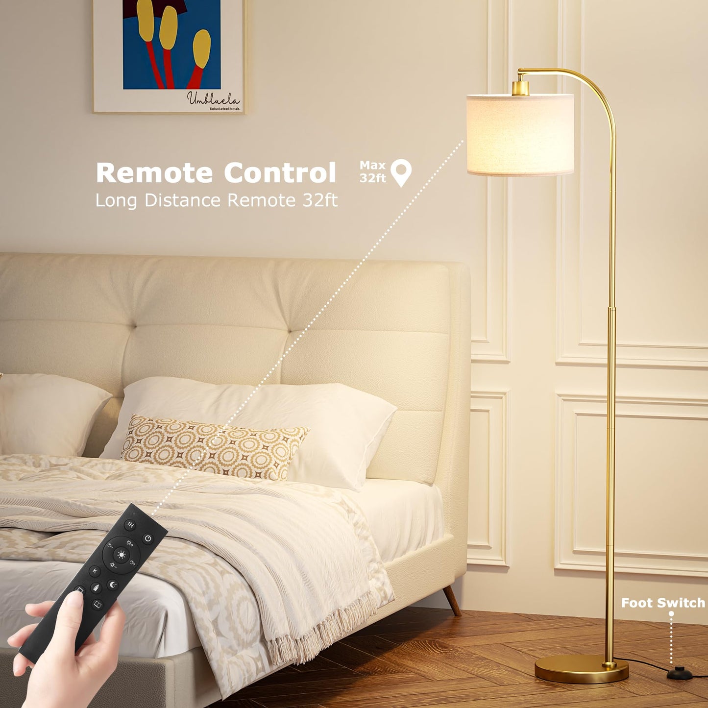 Arc Floor Lamp with Remote and Stepless Dimmable Bulb, Colors Temperature & Brightness Adjustable, Gold Floor Lamps for Living Room(Deep Beige Shade & Gold Pole)