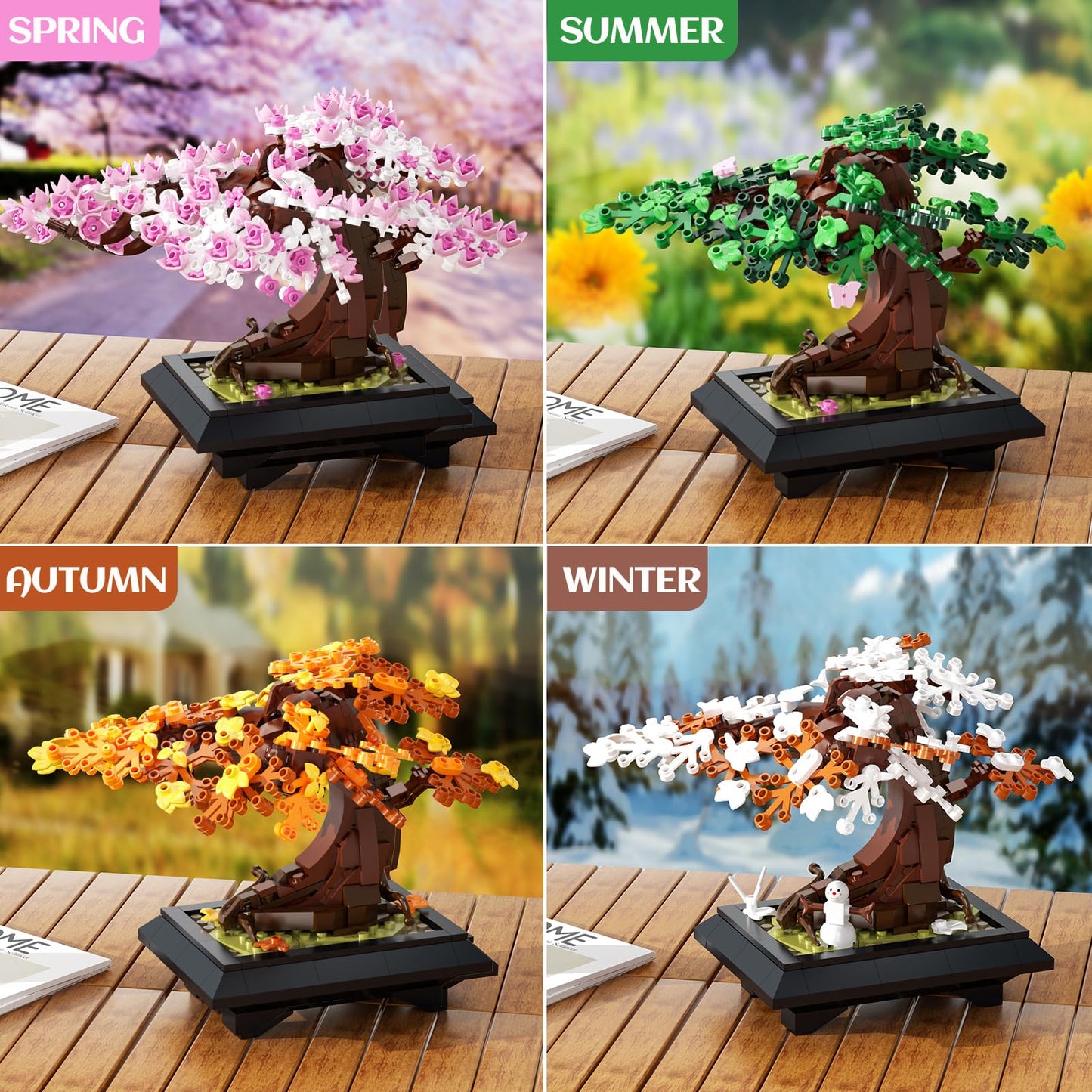 Taojiyuan Bonsai Tree Building Set, 4 in 1 Four Seasons Bonsai Tree Building Toy, Plant Collection Home Decoration Building Blocks DIY Adult Creative Gifts for Girls and Boys