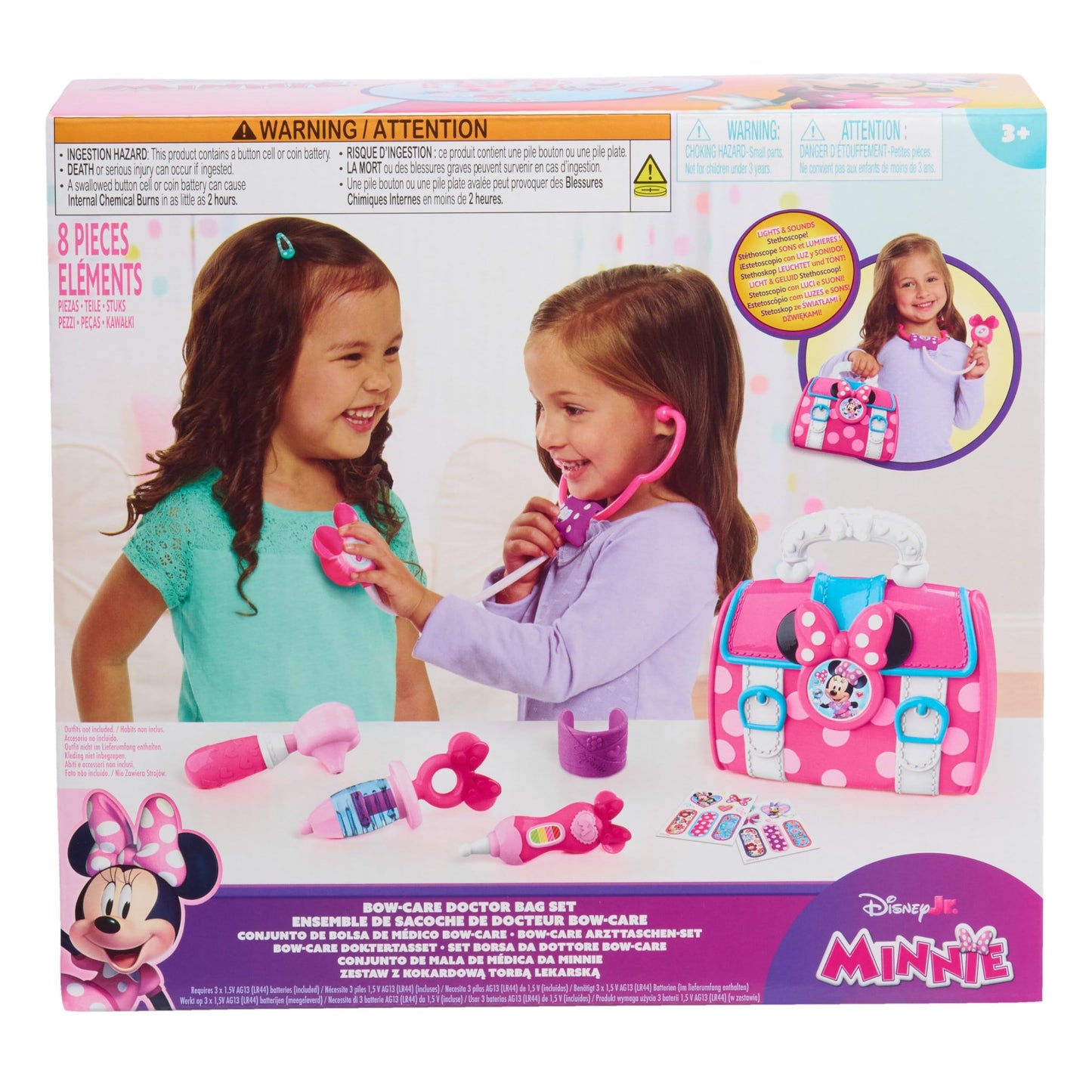 Disney Junior Minnie Mouse Bow-Care 8-Piece Doctor Kit for Toddlers Ages 3-5, Lights and Sounds Stethescope, Officially Licensed, Pink, Preschool Pretend Play