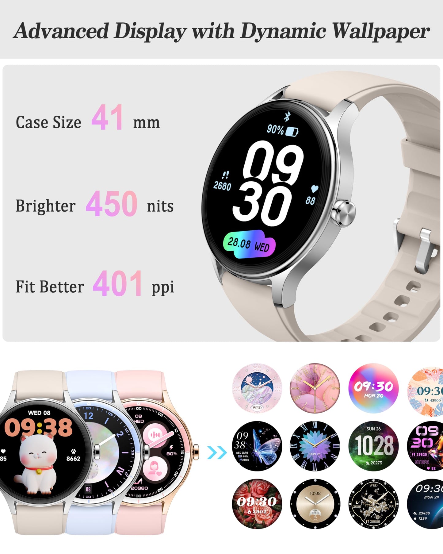ZOSKVEE Smart Watch, 41mm Fitness Tracker, Answer/Make Calls, Digital Smartwatch with Heart Rate/Stress/Sleep Monitor, AI Voice, IP68 Waterproof Watch Calculator, Calendar, Games for Lady Women & Men