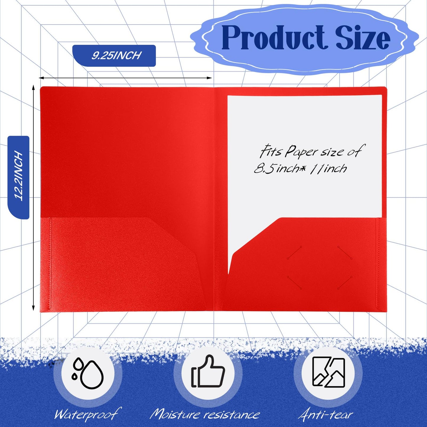 Patelai 50 Pack Pocket Folders Bulk 2 Pocket Heavy Duty Plastic Folders with Pockets Letter Size Folders Business Card Holder for School Office File (Red Color)