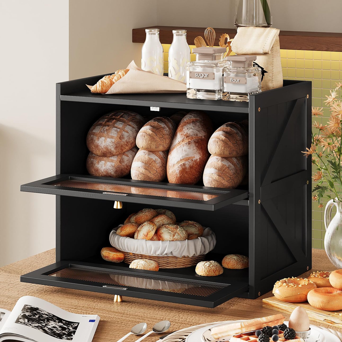 Trironsun Double Layer Bread Box for Kitchen Counter Black Bread Storage Container with Acrylic Door Large Farmhouse Breadbox Organizer Bread Holder (Black)