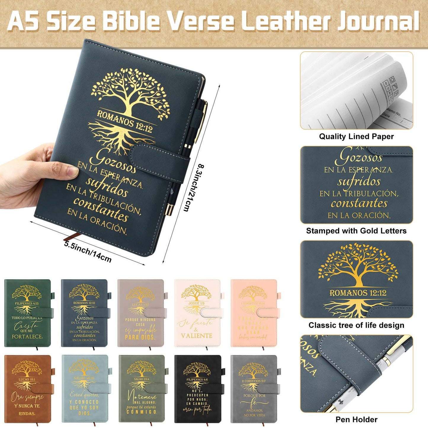 Kosiz 10 Sets Christian Gift Set – Inspirational Bible Verse A5 Leather Notebooks with Pens, Religious Prayer Journals for Teacher Student Church, Bible Study & Sunday School(Spanish)