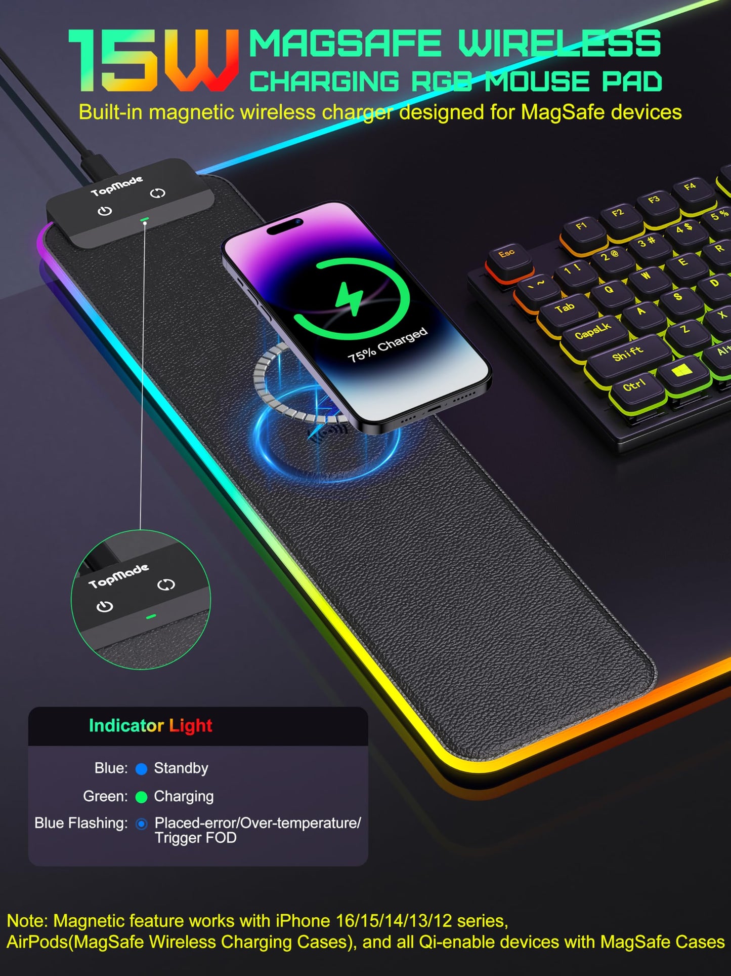 TopMade Wireless Charging Mouse Pad, RGB Gaming Mousepad Home Office Large Desk Mat with 13 Light Modes, Ultra-Smooth Surface, Non-Slip Rubber Base (Includes 20W PD Power Adapter & 6.56ft Woven Cable)