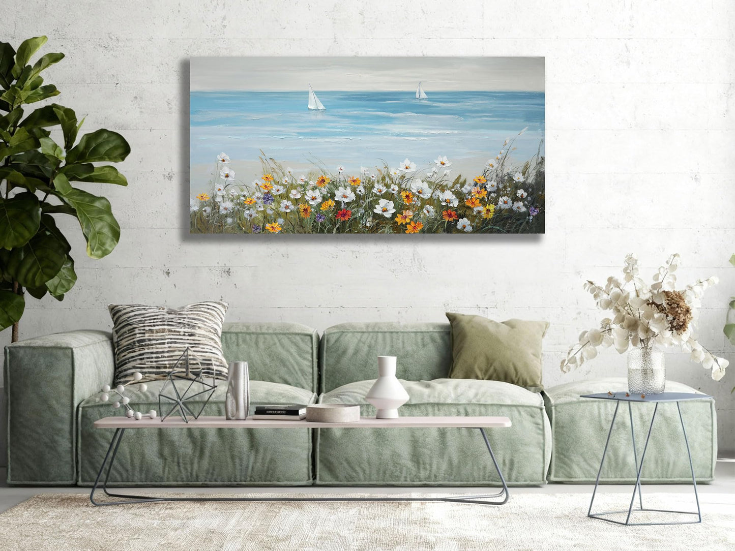 Ardemy Blue Coastal Wall Art Canvas for Living Room, Sailboat Painting Bedroom Picture Textured Artwork Large Framed Dining Room Kitchen Home Office Decor 40"x20"