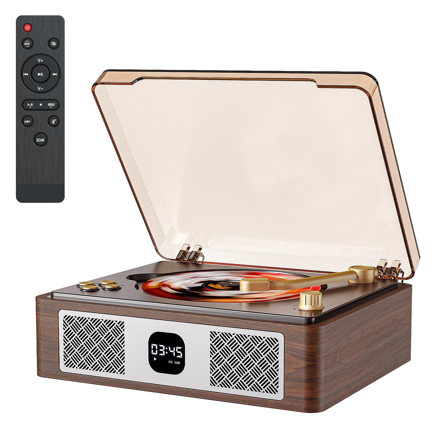 CARONSORT Retro Cd Player Can Rip to USB,Nostalgic Bluetooth CD Player for Home,Built-in Speakers with LCD Screen,Supports Coaxial/3.5mm/FM Radio with Remote Control-Wired Walnut Brown