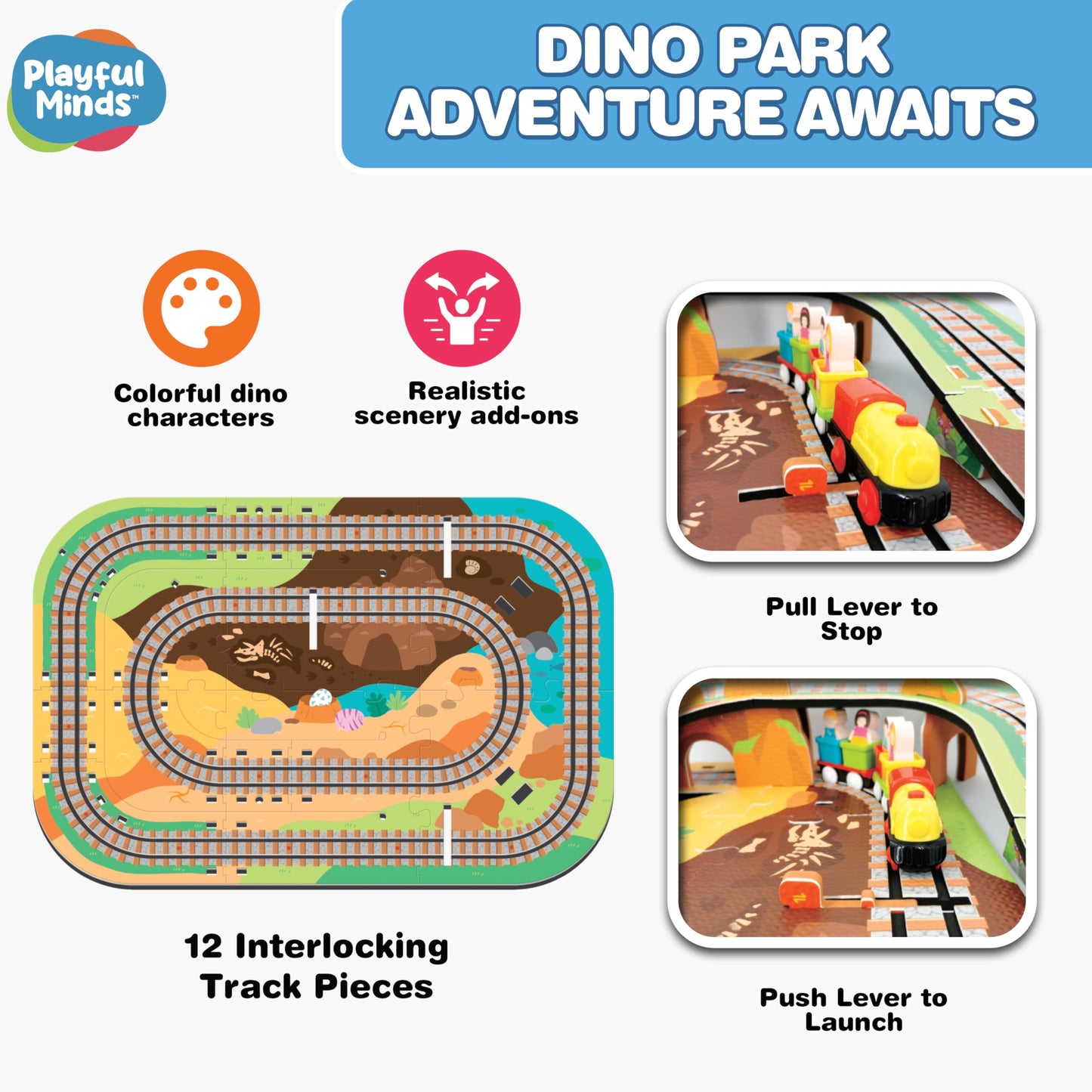 Playful Minds Dino Park Train Puzzle Playset – 60 Pc Build and Play Railway Set for Toddlers and Kids Ages 3-5 – EVA Foam Puzzle Track with Motorized Train and Cars