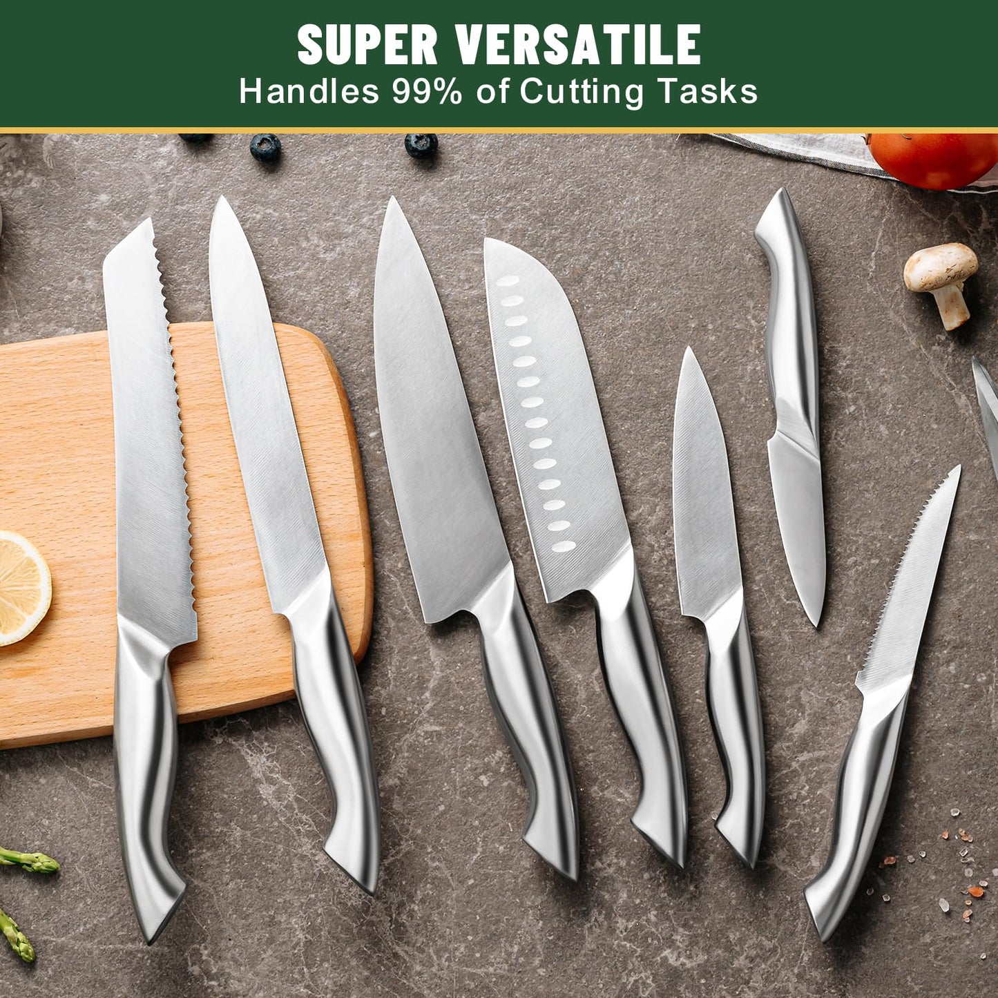 Knife Set, EWFEN 14-Piece Kitchen Knife Set with Block, German Stainless Steel Knives with Built-in Knife Sharpener, Anti-Slip Sharp Knives Set for Kitchen, Dishwasher Safe, Curved Handle
