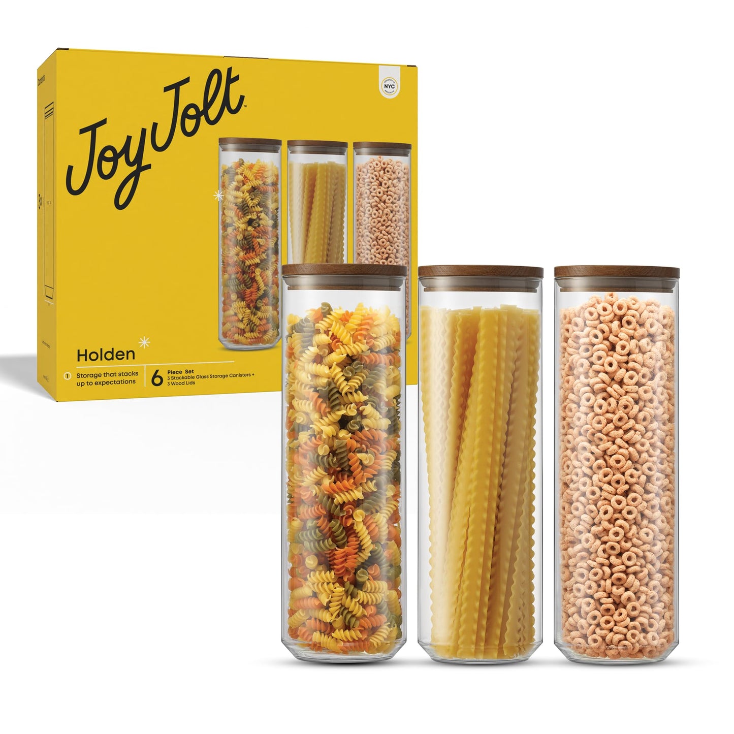 JoyJolt Holden 72oz Stackable Glass Storage Containers with Lids, Large Kitchen Food Storage Canisters with Acacia Wood Lids, Airtight Canister Set of 3 for Pasta Sugar Flour, Pantry Organization