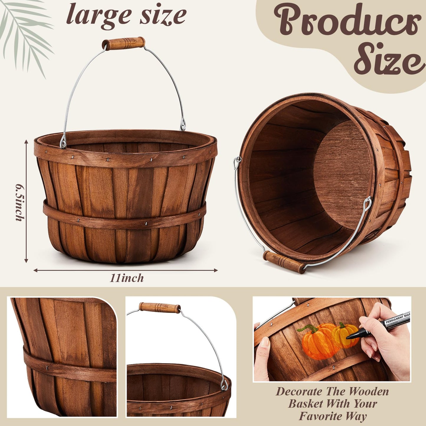 Marsui 8 Pcs Natural Wooden Fruit Baskets 11'' x 6.5'' - Fall Thanksgiving Halloween Decoration, Farmhouse Harvest Storage Bin, Portable Handle Apple Basket for Kitchen Farm Party Home Gift Giving