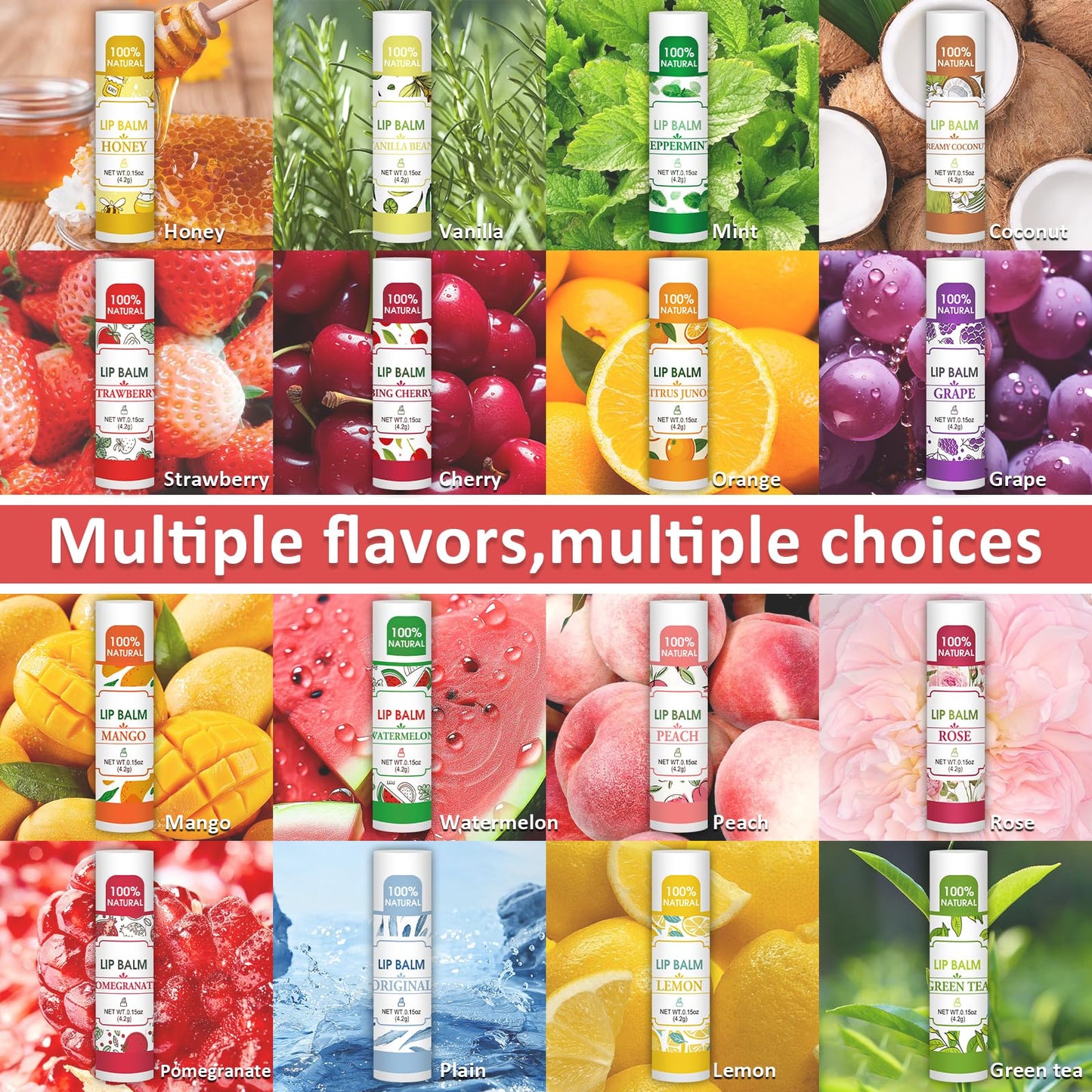 VISRIE 128 Pack Lip Balm, Natural Lip Balm Bulk with Vitamin E and Coconut Oil, Moisturizing Lip Balm for Dry Lips - 16 Flavors