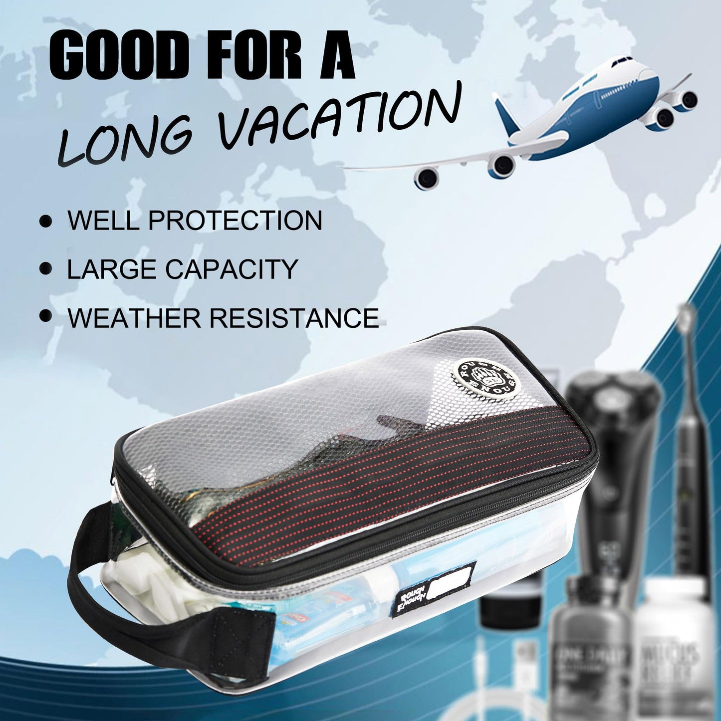 Rough Enough Clear Toiletry Bag for Traveling Men Shaving Kit Medicine Case Pouch Organizer Large for Toiletries Accessories