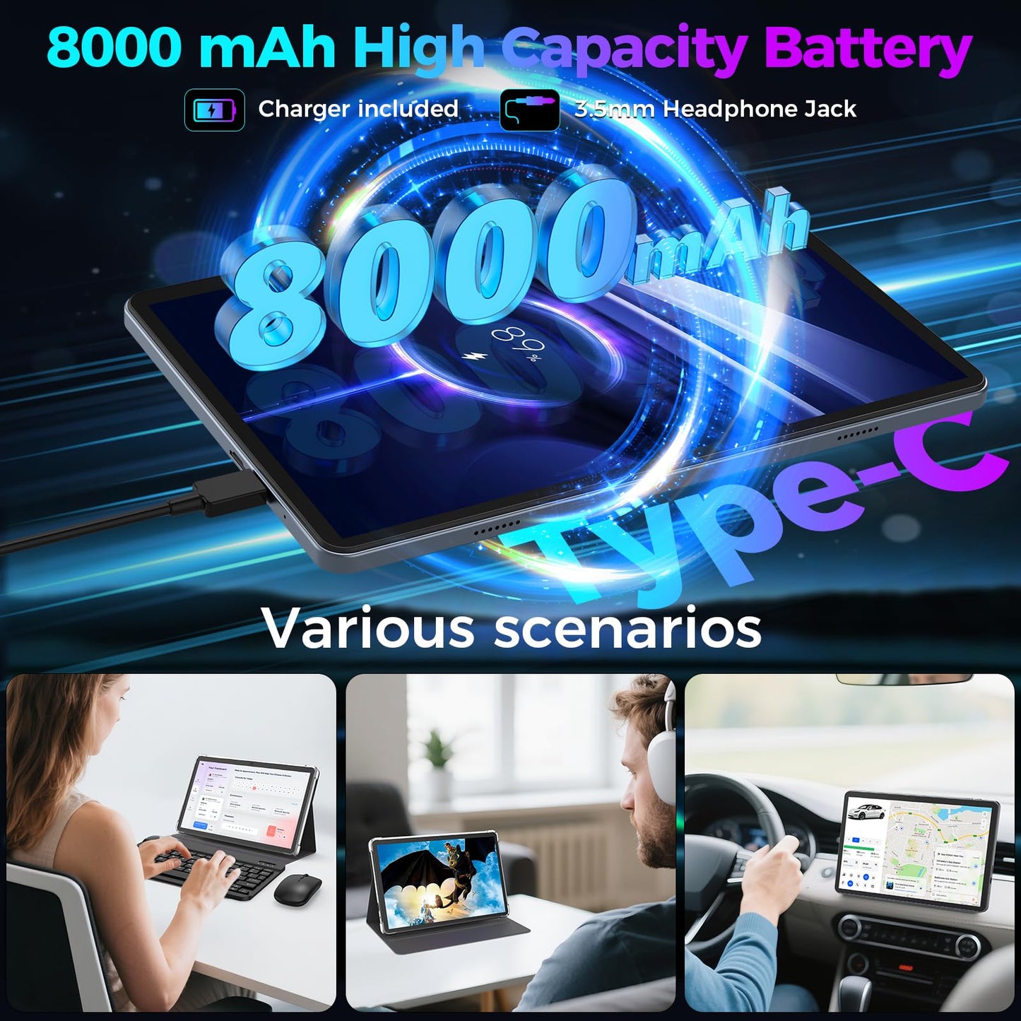 Android 15 Tablet with Keyboard, 26GB RAM, 256GB ROM(2TB Expand), 10.1 inch Octa-Core Tablets, 5G/2.4G WiFi, 8000mAh Battery, BT 5.0, GMS Certified, with Mouse, Case, Stylus, Split screen(Black Case)