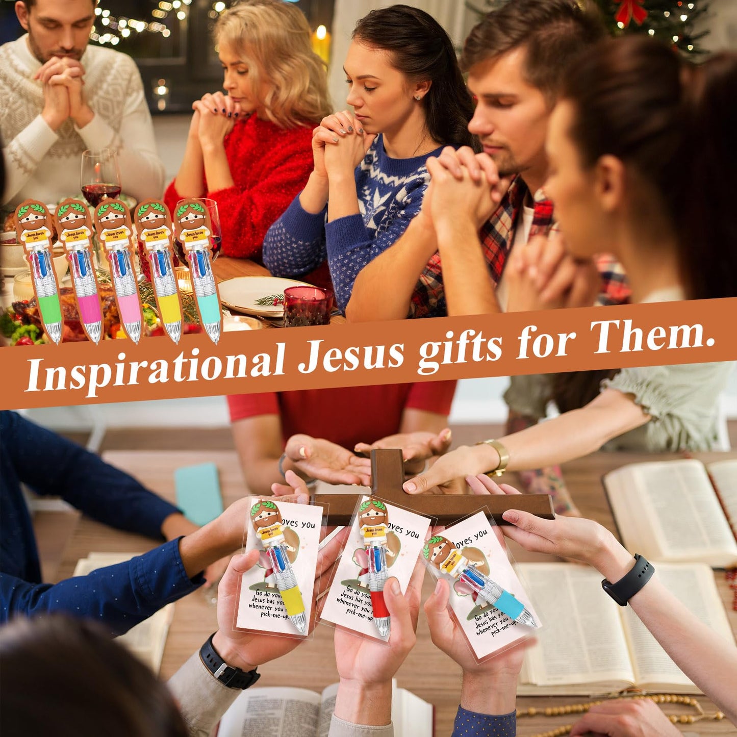 Sayglossy 100 Sets Christian Little Jesus Figure Pens Gifts Bulk, 4-in-1 Jusus Loves You Multicolor Ballpoint Pen Favor with Positive Cards for Friends Church Member Prizes Reward