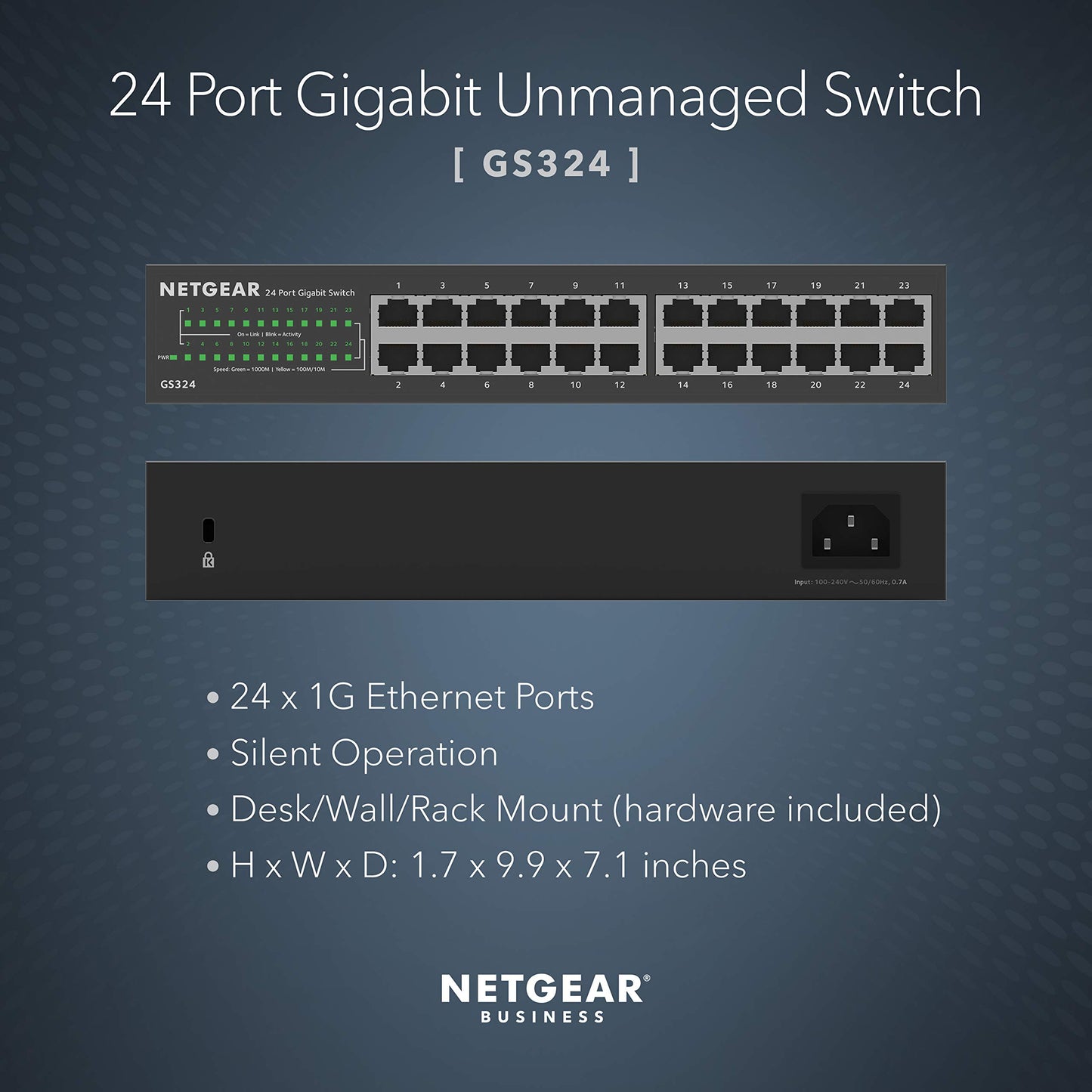 NETGEAR 24-Port Gigabit Ethernet Unmanaged Switch (GS324) - Desktop, Wall, or Rackmount, Silent Operation
