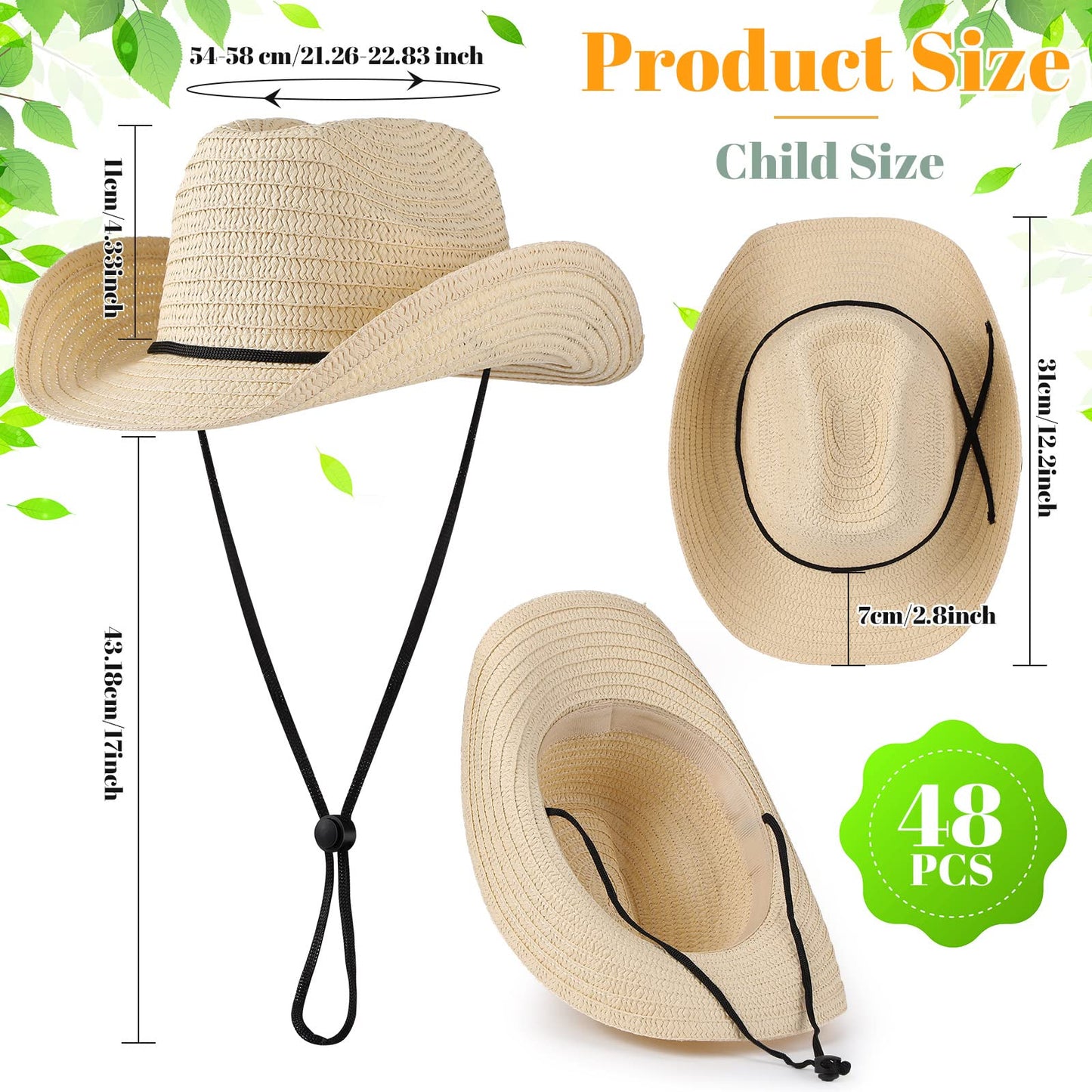 48 Pcs Kids Cowboy Hat Bulk Western Party Straw Cowboy Cowgirl Sun Hat Set with Lanyard for Children Boy Girl Party Costume Accessories