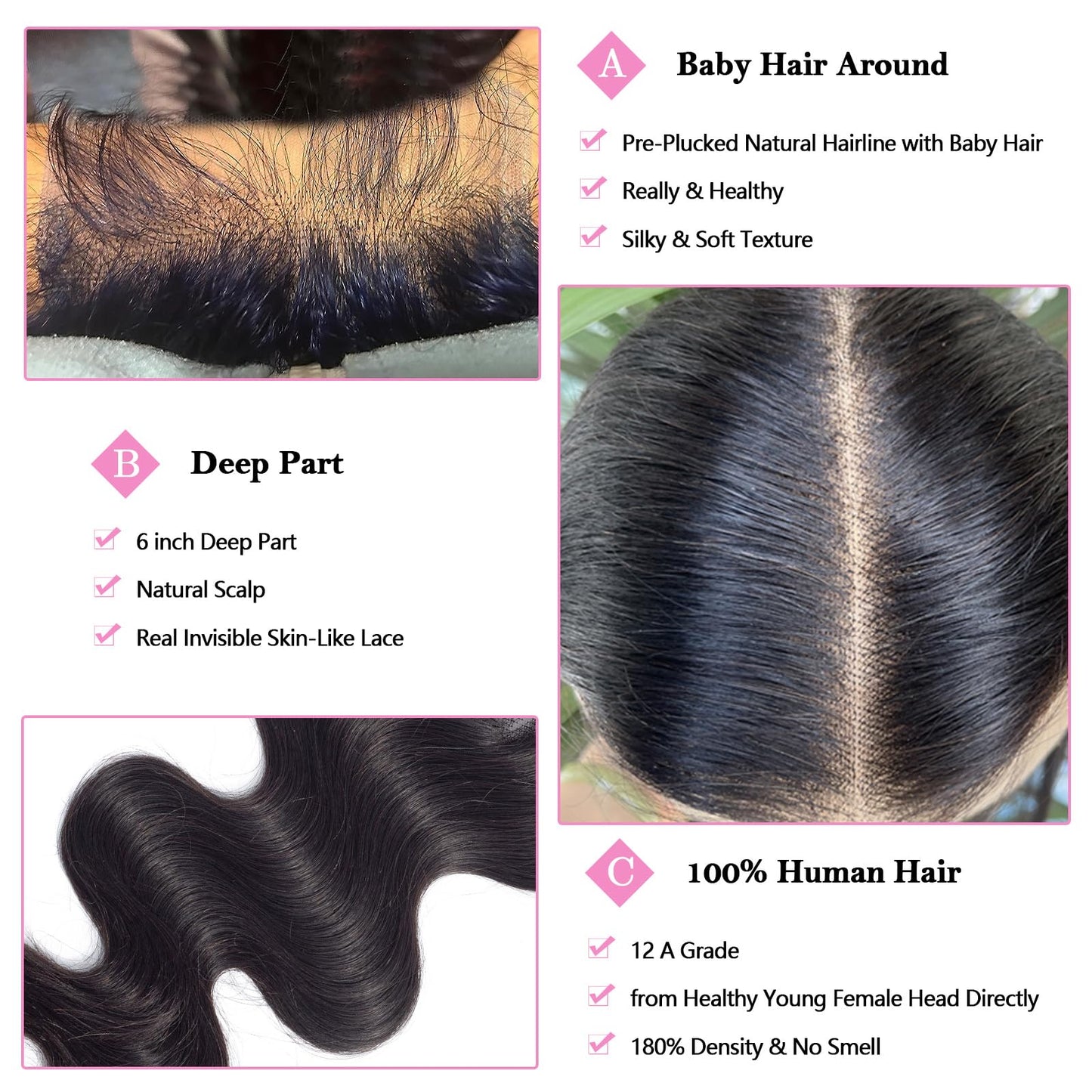 18 Inch 2x6 HD Lace Closure Only Body Wave 12A Brazilian Skin-Like Closure Human Hair 100% Virgin Remy Hair Frontal HD Lace Pre Plucked With Baby Hair Natural Black