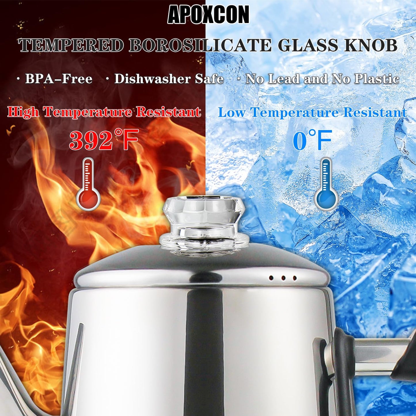 APOXCON Electric Coffee Percolator Stainless Steel Coffee Maker with Heat Resistant Tough Glass Clear Brew Progress Knob, Keep Warm & Cordless Serving Classic Coffee Pot with On/OFF Switch 12 Cup