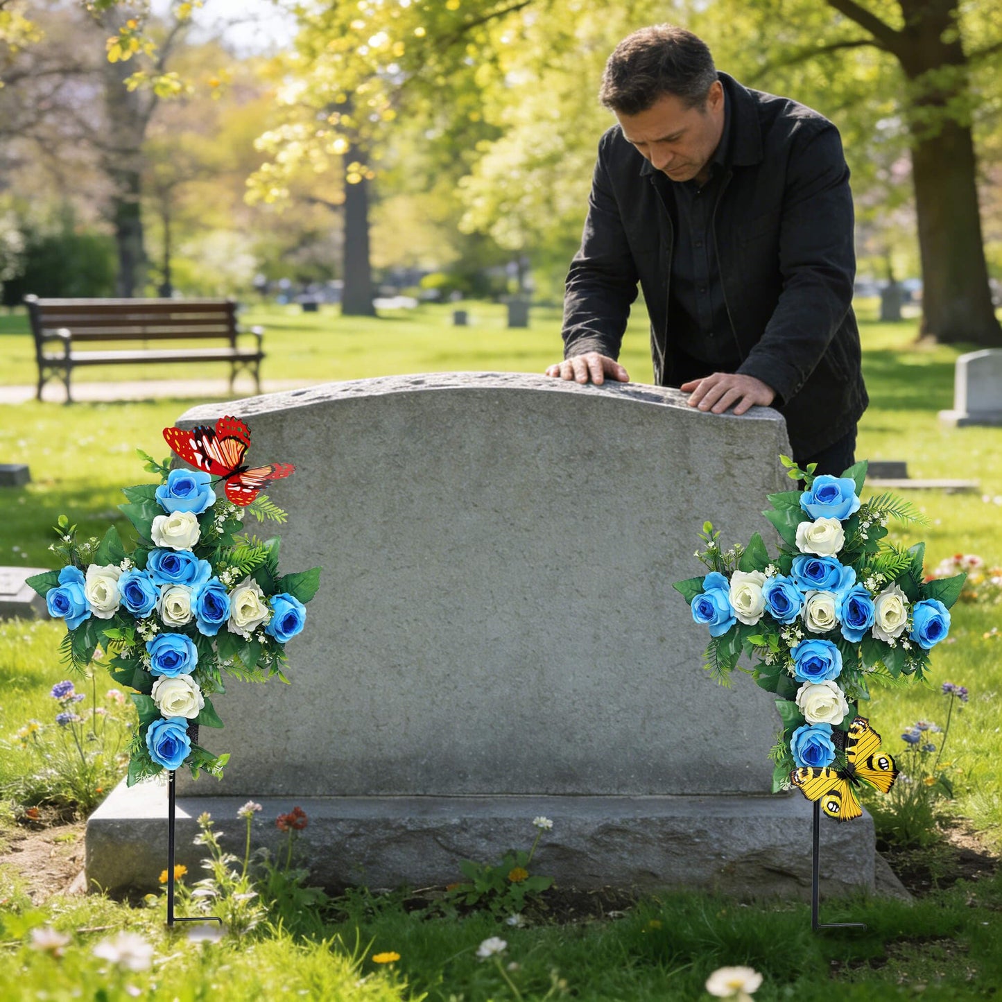 Hibsotco Artificial Cemetery Flowers,Set of 2 Faux Floral Cross,Artificial Rose Bouquet Decoration for Cemetery Headstones Gravesites,Silk Flowers for Long-Lasting Remembrance (Blue)