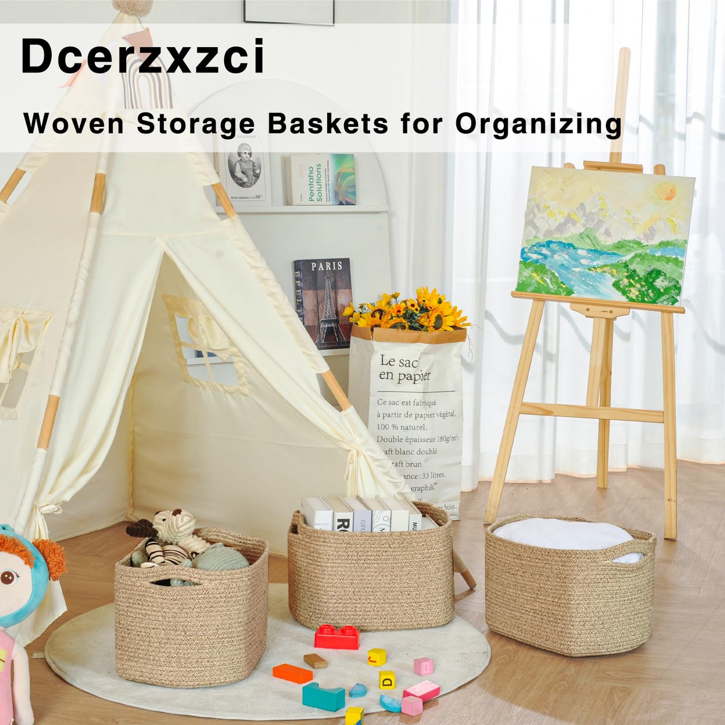 Dcerzxzci Storage Baskets for Organizing Shelves, Woven Cotton Rope Basket for Storage, Dog Toy Baskets Storage Kids, Cute Shelf Basket for Living Room Bedroom, 14.8"×11"×9.5", Pack of 3, Brown