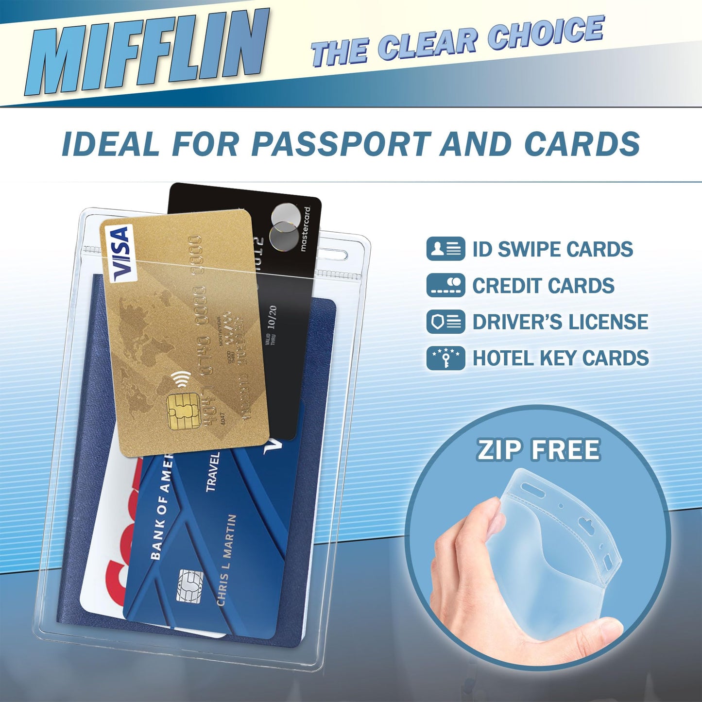 Mifflin-USA Passport & Card Holders (Clear, 4x6 Inches, 250 Pack), Extra Large ID Name Badge Holder, Zipperless Vertical Plastic Card Holders