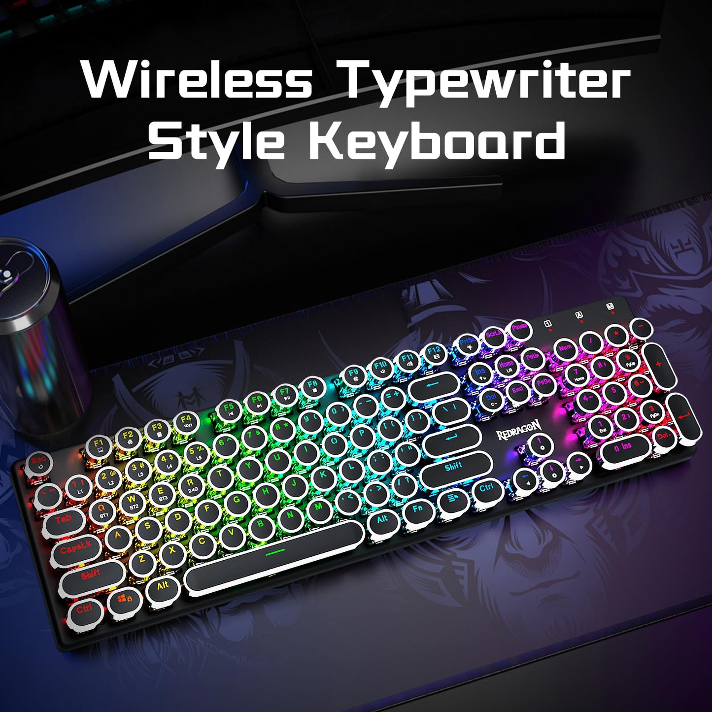 Redragon K710 Wireless Typewriter Style Mechanical Gaming Keyboard, Bluetooth/2.4Ghz/Wired, RGB Backlit, Rechargeable, Blue Switch - Clicky, Metal Panel, Round Keycaps, Black