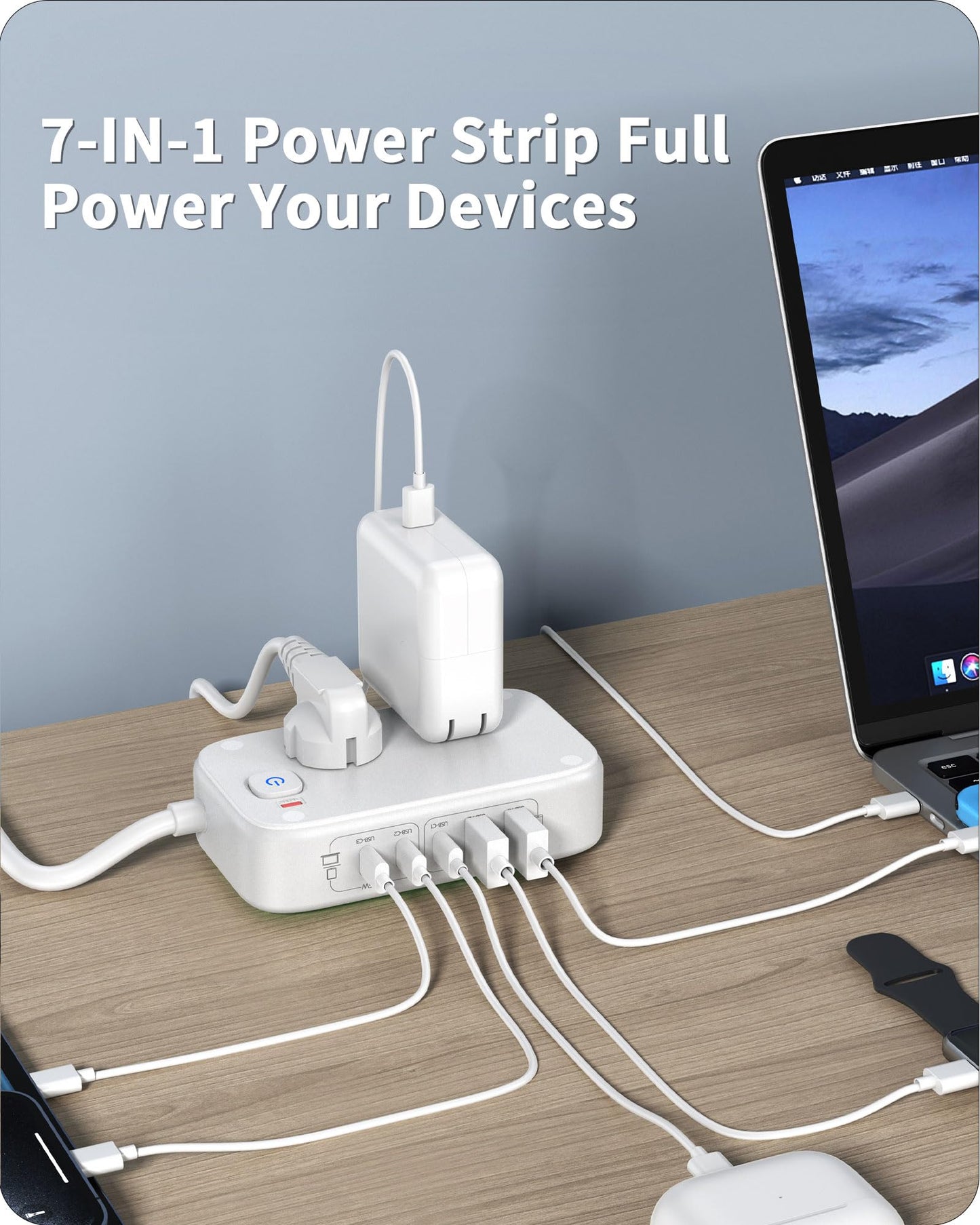 KWRNVO Power Strip with USB Ports, 65W USB C Charger for Laptop 5FT Flat Extension Cord Outlet Extender with 2 AC Outlets, 3 USB C Ports, 2 USB A Ports, Surge Protector Desktop USB Charging Station