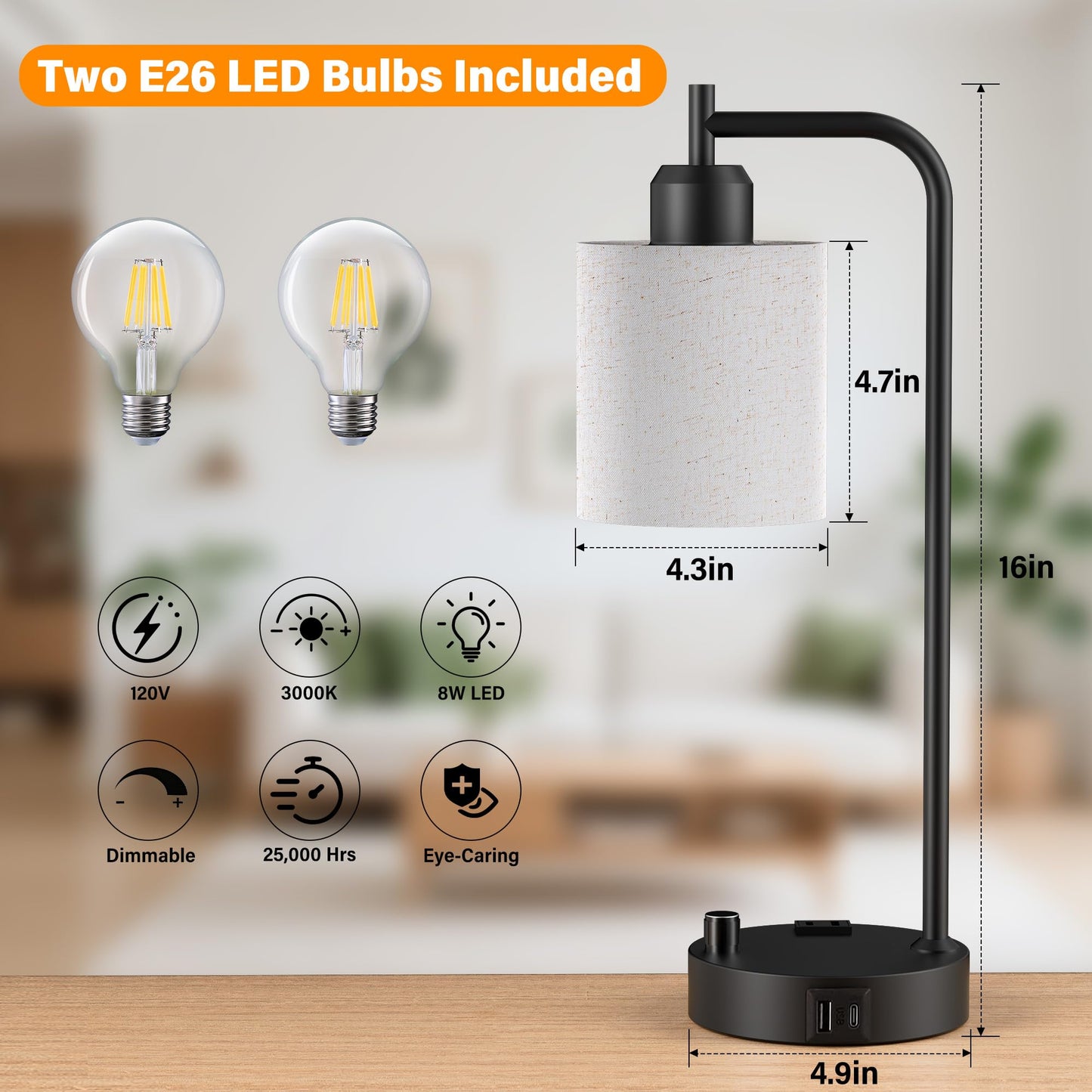 SIBRILLE Industrial Table Lamps with Linen Shade, Set of 2 Fully Dimmable Bedside Lamps with USB A+C Ports and Outlet, Black Nightstand Desk Lamps for Bedrooms Living Room Office, 2 LED Bulbs Included