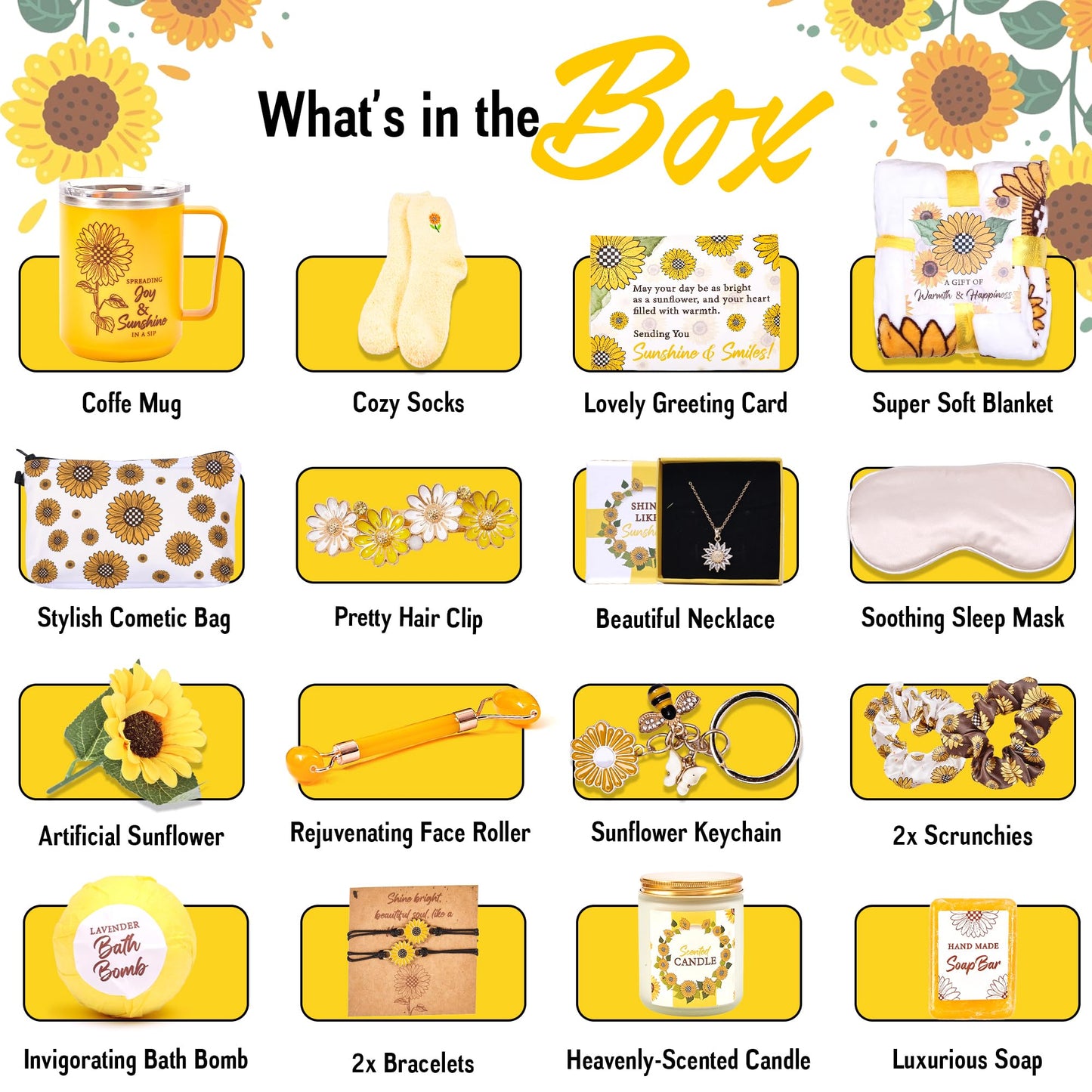 18Pcs Sunflower Gifts for Women - Unique Gift Basket Set - Birthday Gifts for Women, Best Friend, or Sister - Sunshine Box Care Package, Get Well Soon, Thinking of You, Friendship Basket