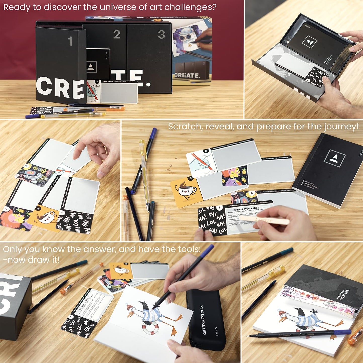 ARTEZA Creative Kickstarter: Art Exploration Set - Passports with Gel Pens, Watercolors, Acrylic Paints, Brushes, and More, Phased Art Journey, 60 pcs