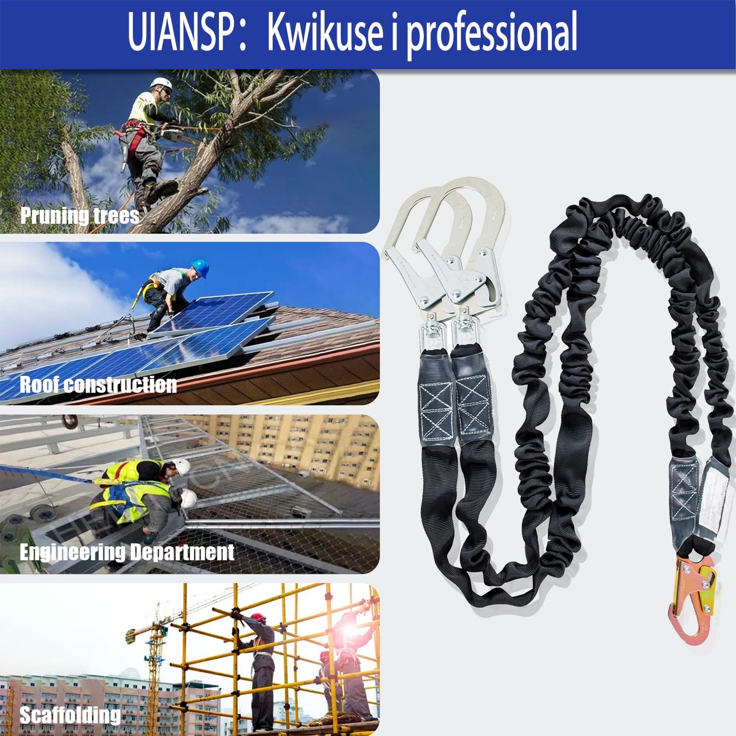 6ft Safety Harness Lanyard Double Leg Internal Shock Absorbing Safety Fall Protection Lanyard with Rope Harness Safety Lanyard Dual Rebar & Snap Hook Roofer Fall Protection Equipment(Alloy Steel)