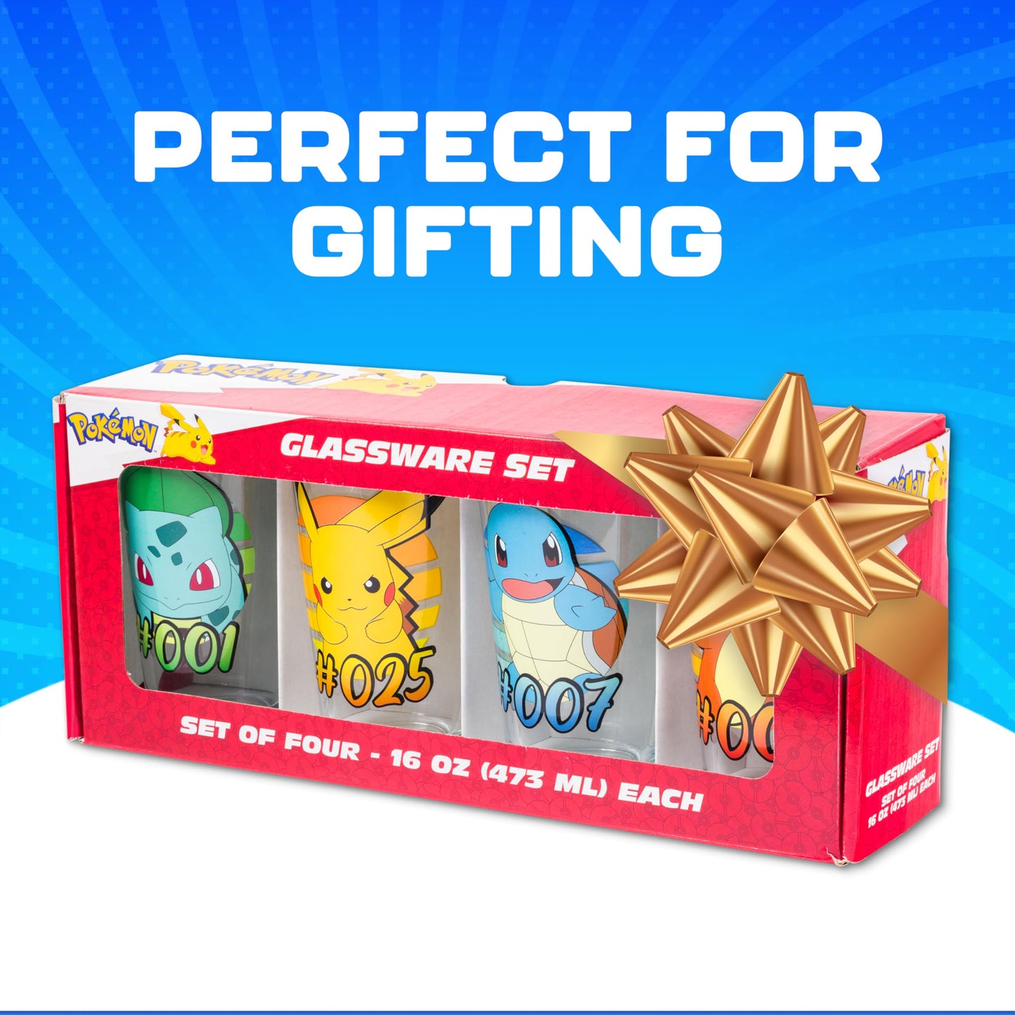 Silver Buffalo Pokemon Original Starters Feautirng Charmander, Squirtle, Bulbasaur, and Pikachu 4 Pack Pint Glass Set, 16 Ounces
