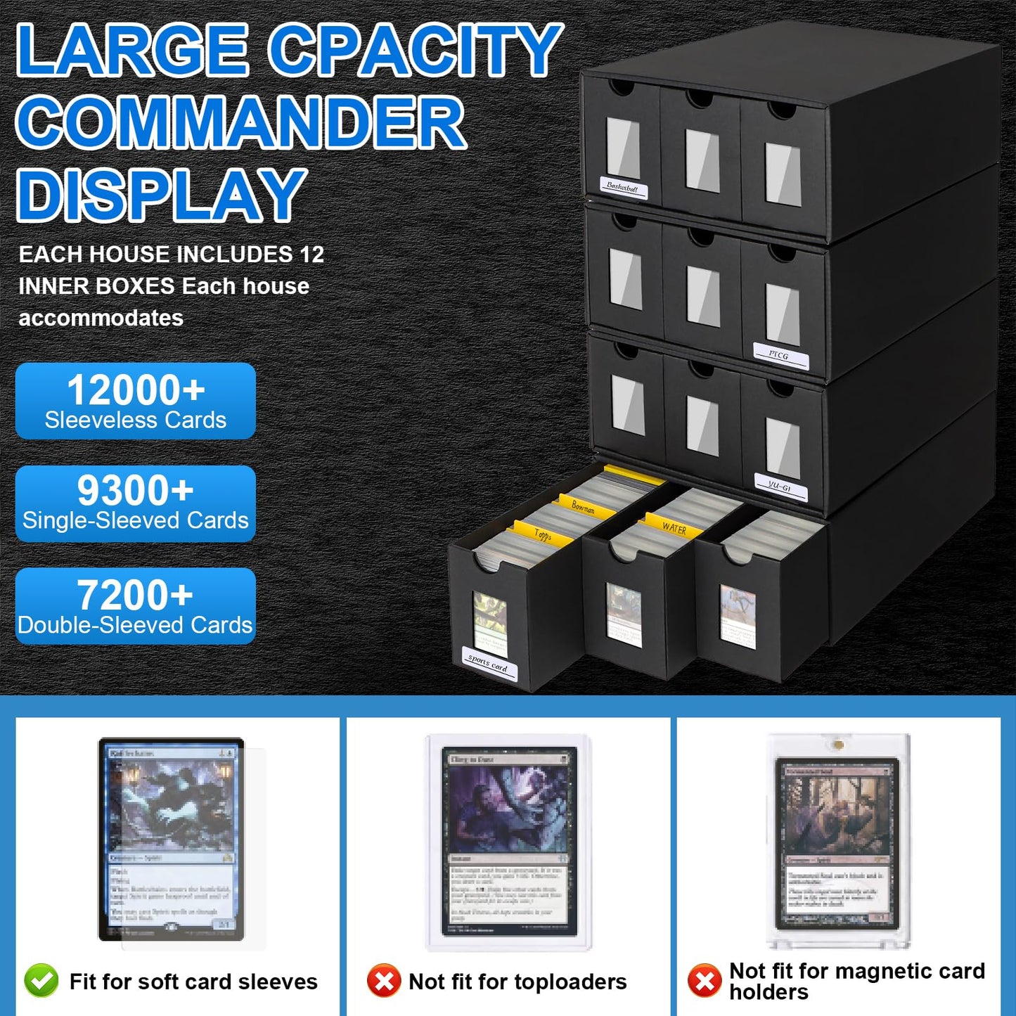 12000+ Trading Card Storage Box for Commander Display, Card Deck Box Cardboard with 48 Dividers, Labels & Tapes, Trading Card Collection Box Fit for TCG, PTCG, MTG and Sport Cards