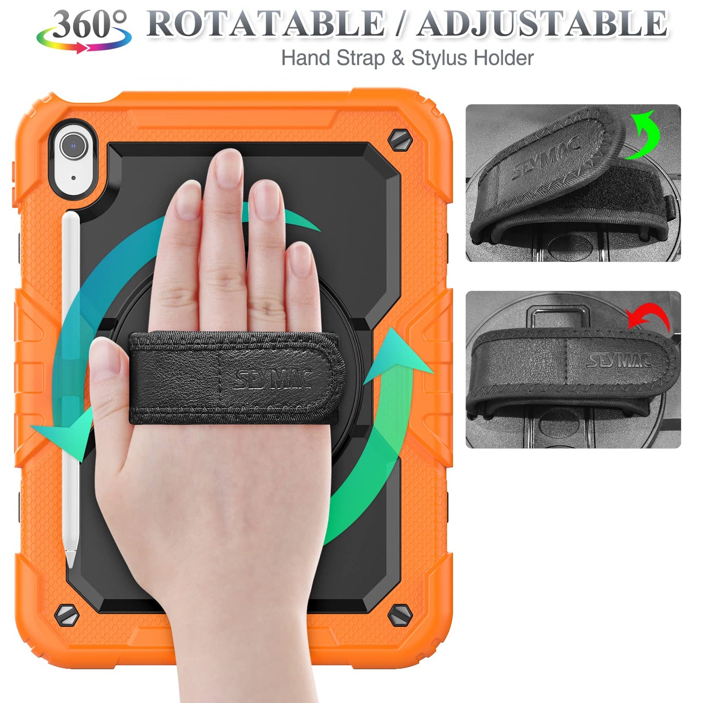 SEYMAC stock Case for iPad 10th Generation 10.9'', Full-Body Drop Protection Case with Screen Protector &360° Rotate Hand Strap/Stand, Black+Orange