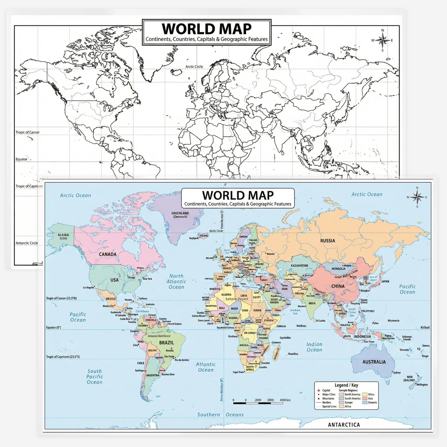 World Geography Map Set – 9-Pack Laminated 11x17 Dry Erase Study Maps | Double-Sided Classroom Learning Tools with Color Maps Front & Blank Outline Backs | Reusable Homeschool Practice, Test Prep & Memorization Aid