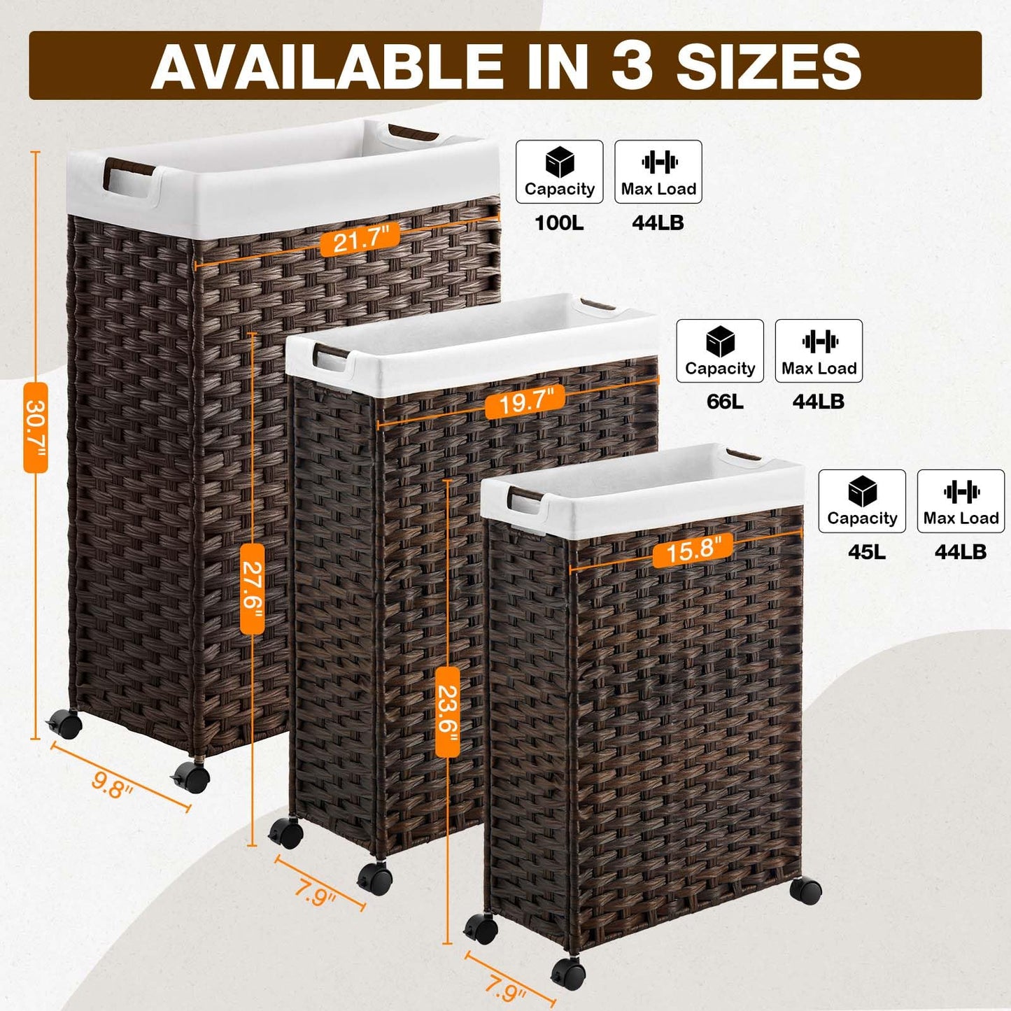 Greenstell Laundry Hamper with Wheels, 17.4 Gallon (66L) Slim Laundry Basket with 2 Removable Liner Bags & 2 Mesh Bags, Narrow Rattan Clothes Hamper for Bedroom, Laundry Room, Bathroom, Natural