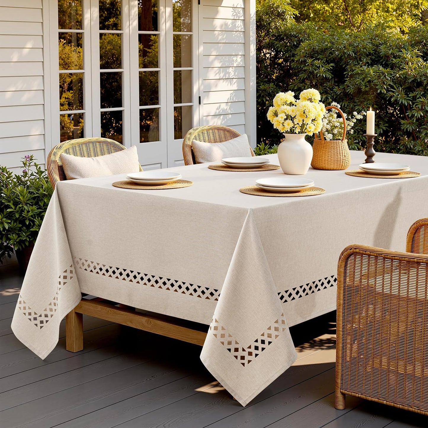 MIULEE Beige Rectangle Linen Polyester Tablecloth with Decorative Cutouts Spring Waterproof Stain Resistant & Shrink-Proof Table Cloth 60x120 inch Farmhouse Style for Dining Wedding and Outdoor