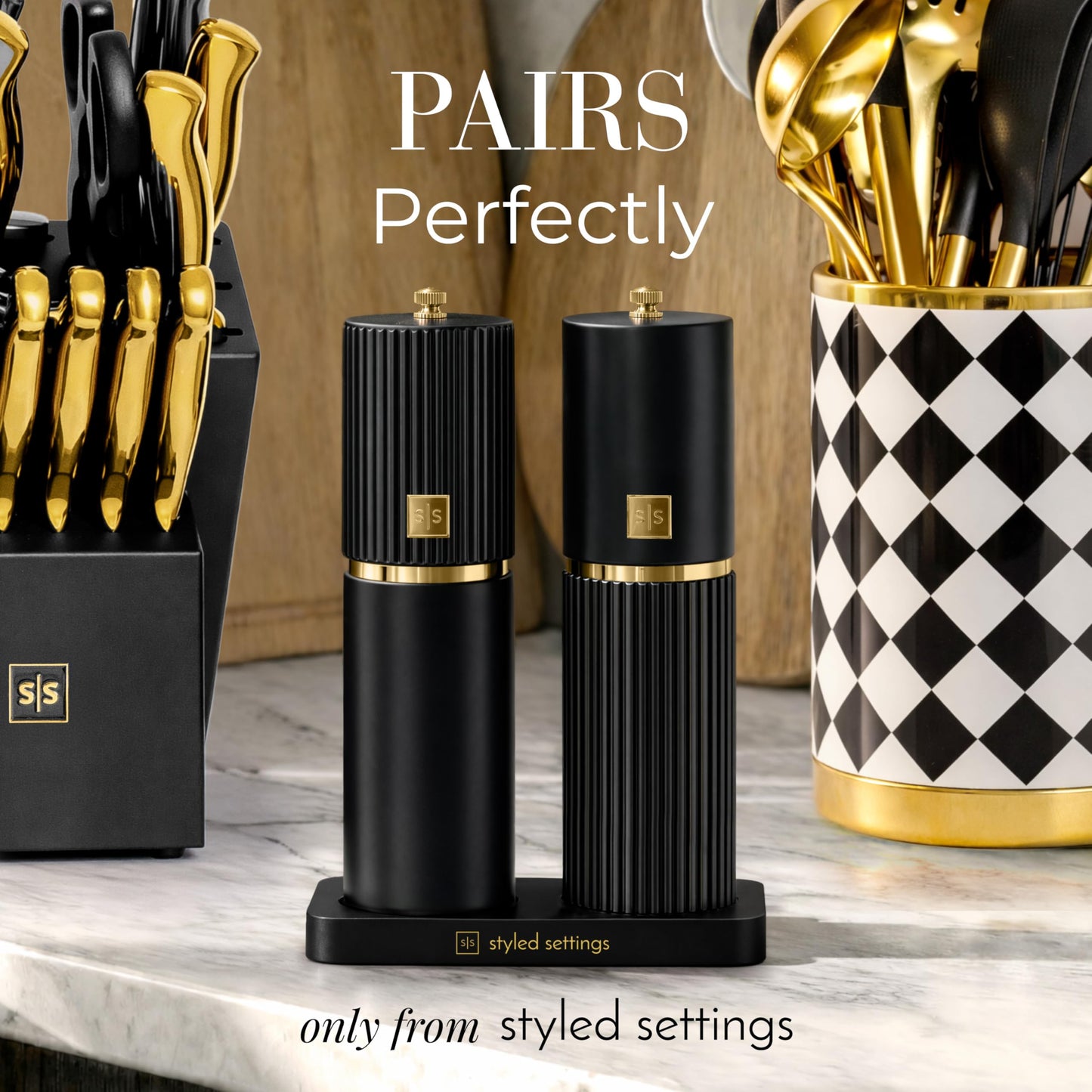 Wooden Salt and Pepper Grinder Set – Refillable Manual Salt and Pepper Mills with Adjustable Ceramic Burrs, Gold Detailing, and Wood Stand – Dark Wood