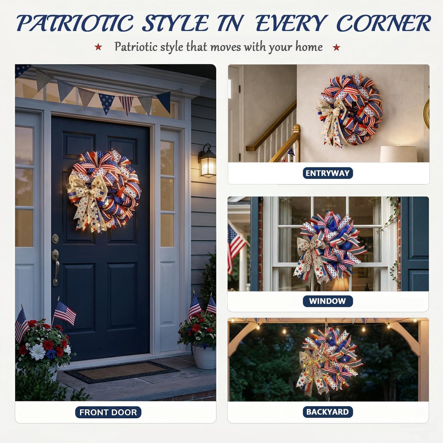 Presentastic 250th Anniversary Patriotic Wreaths for Front Door, 24 Inch Large 4th of July Decorations, Handcrafted Ribbon Burlap Bow, Red White and Blue Memorial Day Wreath with Lights & Storage Bag