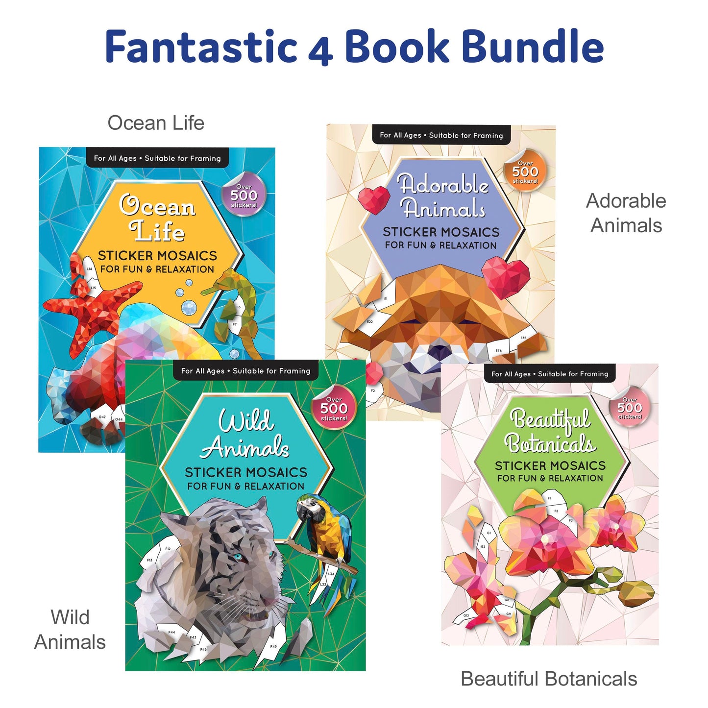 Sticker By Number Book Set for All Ages, Sticker Mosaics for Fun and Relaxation, Sticker Books for Adults with Tear-Out Pages Featuring Animals, Ocean Life, and Plants (Set of 4 Books)