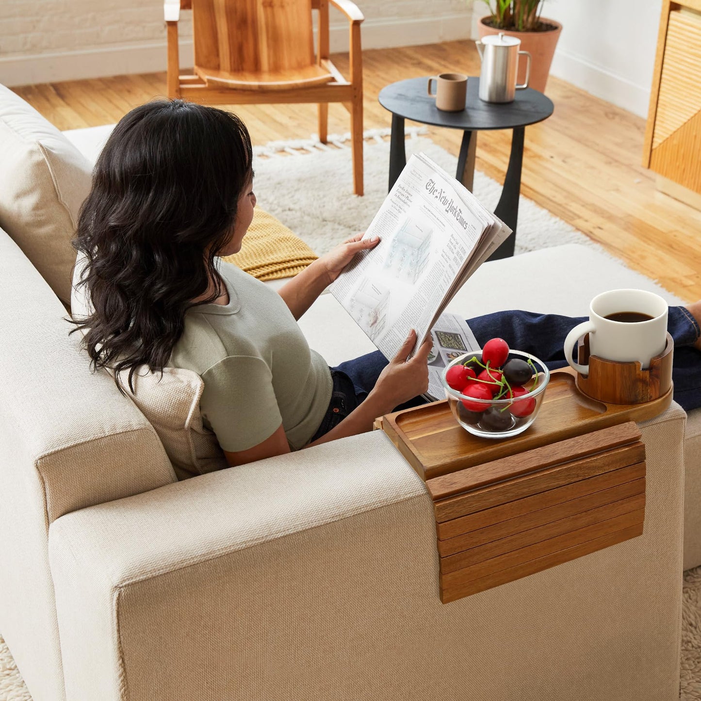BAMTRAY Couch Cup Holder Tray, 15.75" Acacia Wood Couch Armrest Table, 3 in 1 Foldable Sofa Clip on Side Table with 360° Phone Stand, Armrest Tray for Coffee Snacks