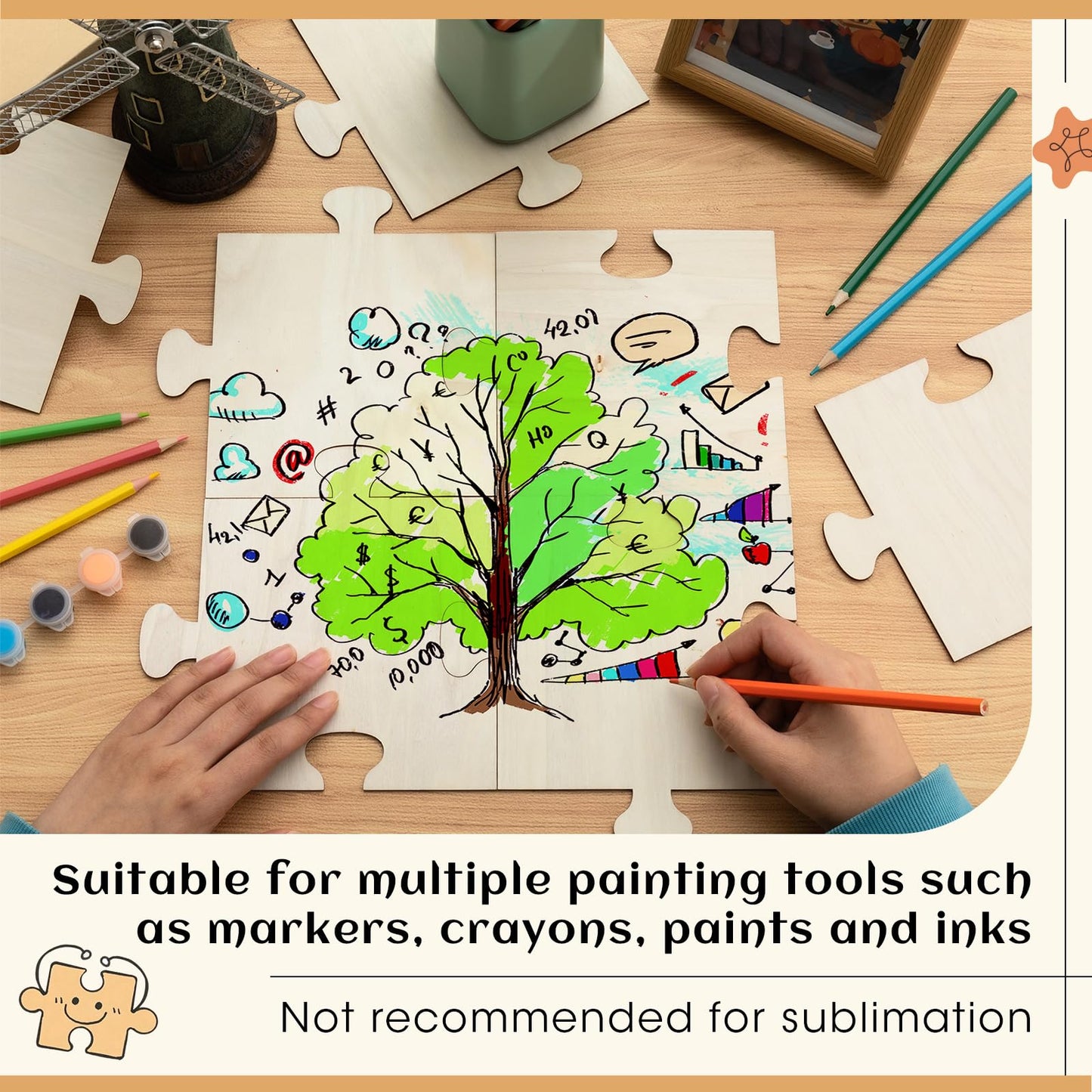 Seenelling 50 Pcs 6x6 Inch Blank Wooden Puzzle Pieces for Crafts DIY Make Your Own Puzzle to Draw on Unfinished Large Jigsaw DIY Arts and Crafts Projects and Gift