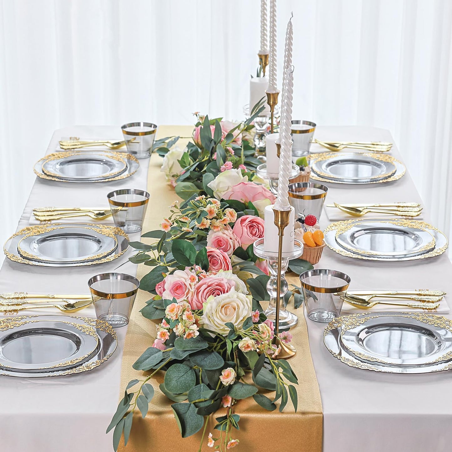 175 PCS Clear Black and Gold Plastic Dinnerware Set for 25 Guests, Disposable Fancy Dinner Plates with Gold Rim for Wedding Party, 25 Dinner and Dessert Plates, 75 Silverware, 25 Cups, 25 Napkins