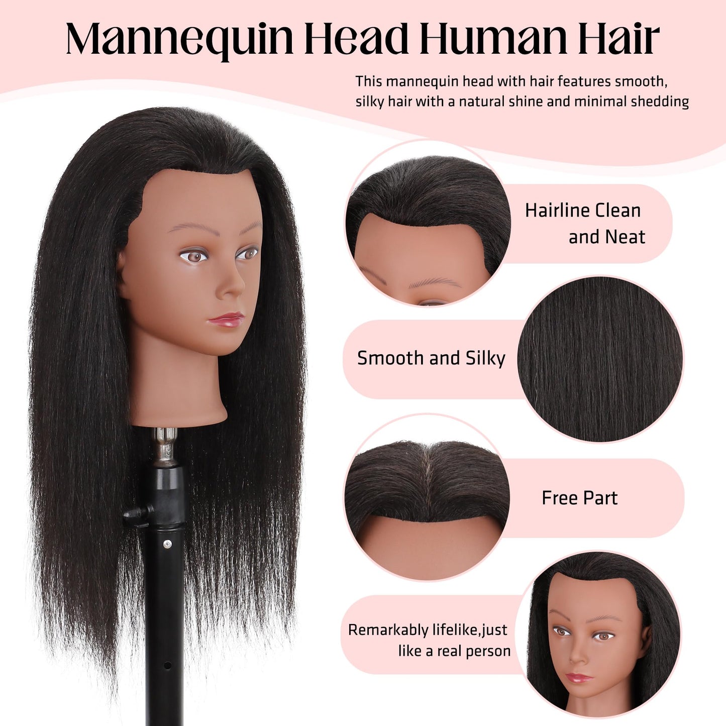 Mannequin Head Human Hair with Stand, 100% Real Human Hair Mannequin Head for Braiding, Hair Mannequin Head for Hair Styling with Stand Tripod