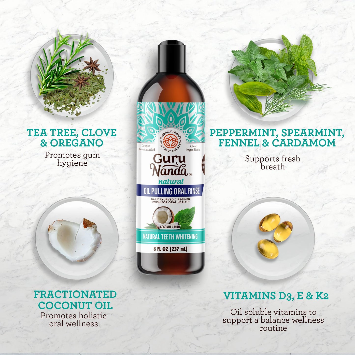 GuruNanda Coconut Oil Pulling, Fresh Breath & Whitening Mouthwash, 7 Essential Oils & Vitamins for Healthy Teeth & Gums,Alcohol-Free, 3X8 oz
