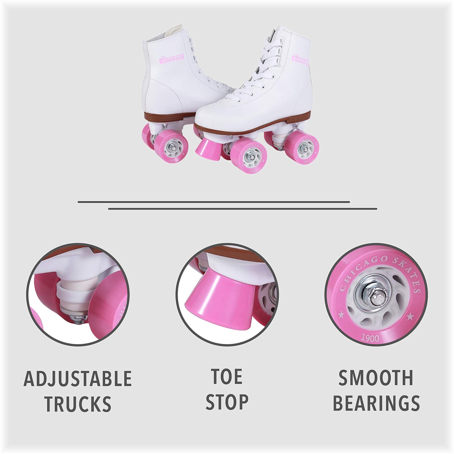 Chicago Girls Rink Roller Skates – Classic High-Top Quad Skates, Padded Ankle Collar, 54mm Urethane Wheels, Adjustable Trucks, Indoor & Outdoor