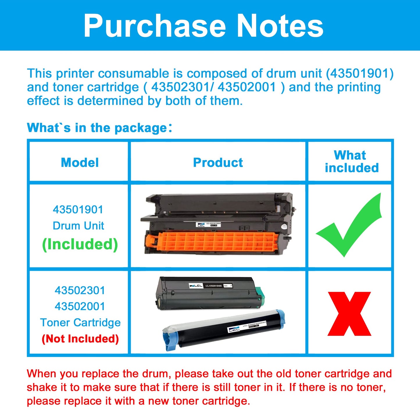 LCL Compatible Drum Unit Replacement for OKI 43501901 25000 Pages Drum for B4500n B4550 B4550n B4600 B4600n B4400 B4400N B4500N Printer (1-Pack Black)