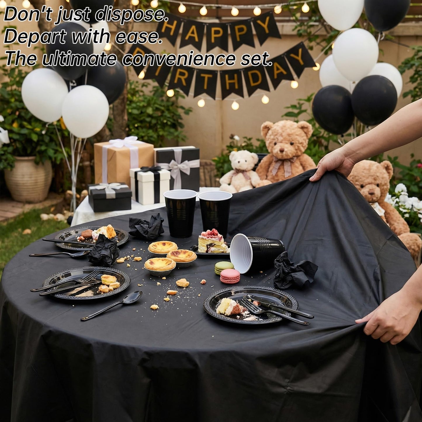 352 Pcs Black Plastic Plates Party Set, 50 Guests Disposable Dinnerware Set with Black Tablecloths, Elegant Black Plastic Plates Party Set for Wedding/Corporate Event/Formal Dinner/Gala