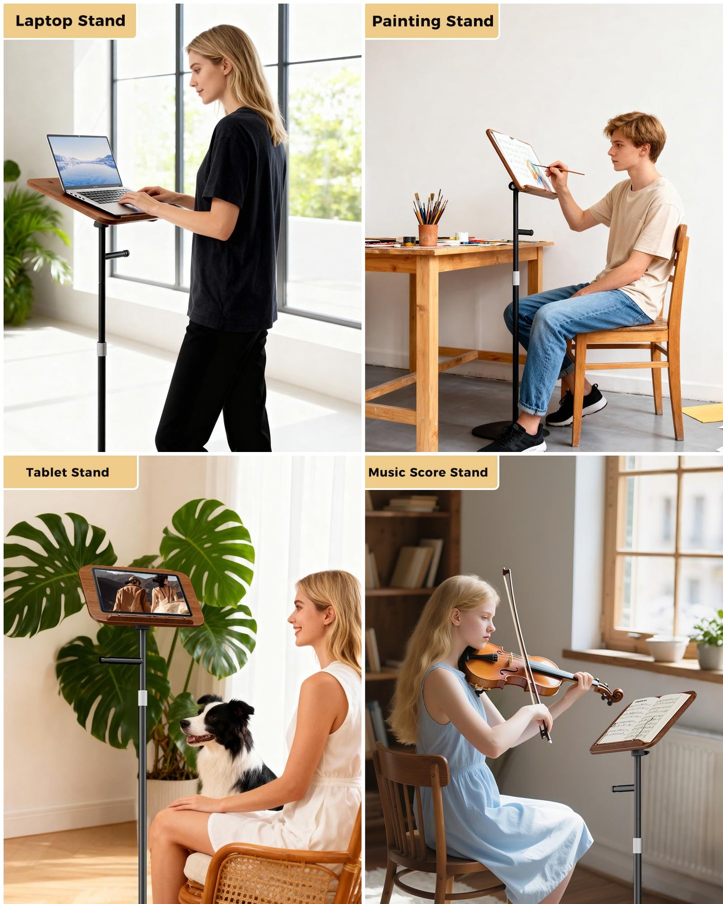 boostool Laptop Stand Floor, Wood Music Stand, Tablet Floor Stands Adjustable Height, Tall Book Stand Hands Free, for Projector, Office, Study, Brown