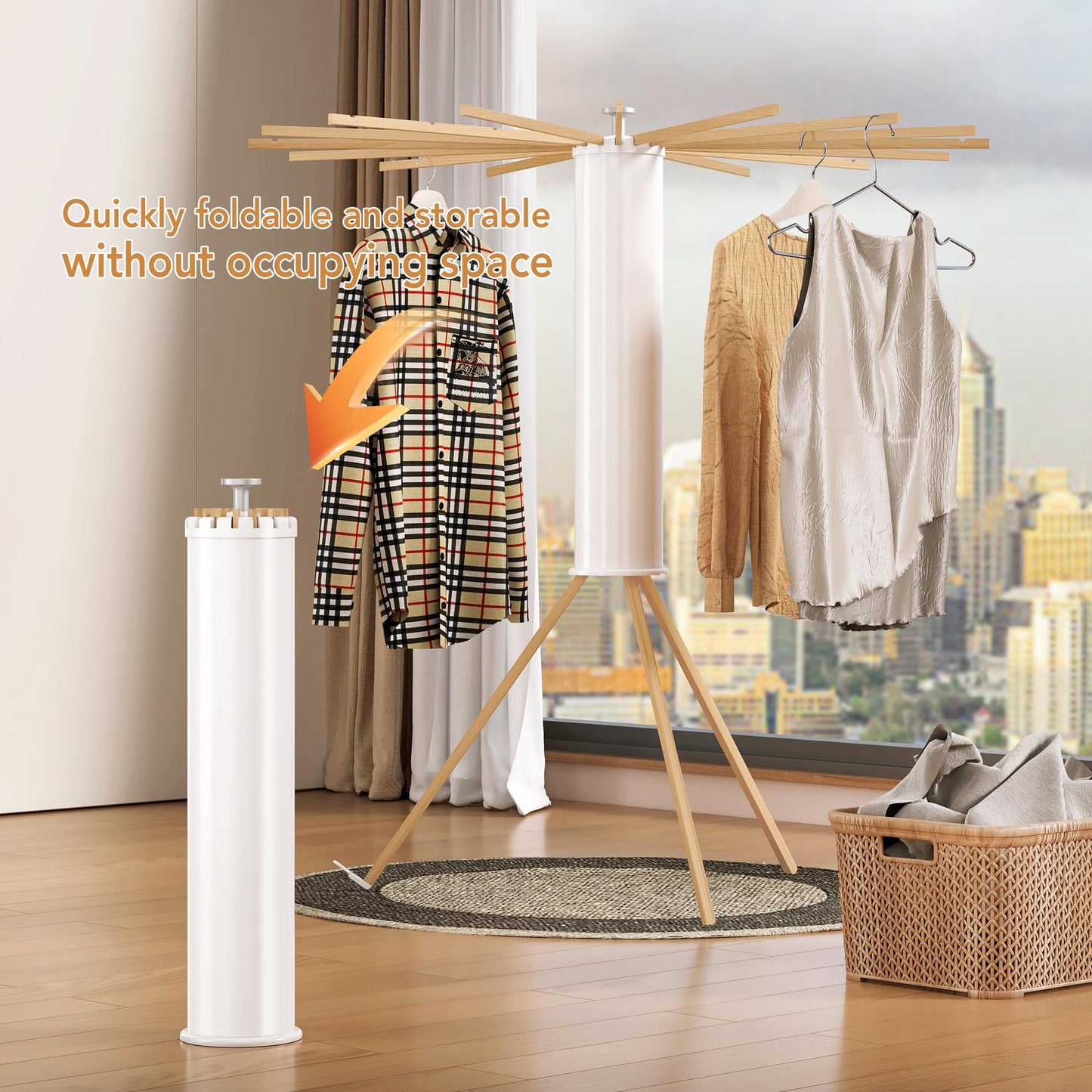 Foldable Tripod Clothes Drying Rack,Beechwood & Portable Laundry Stand, Space-Saving Collapsible Hanger with 16 Arms for Indoor & Outdoor Drying – Easy Setup, Stable Base, Fast Air-Drying Design